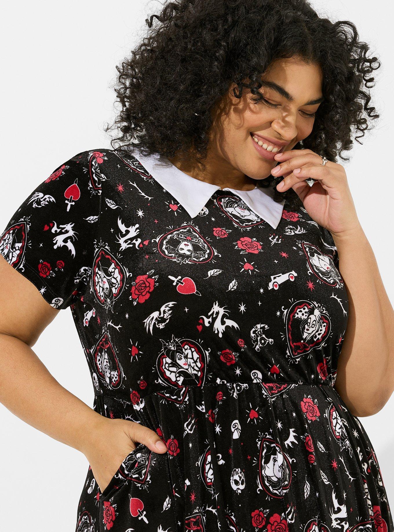 Plus Size - Disney Villains Skater Midi Stretch Velvet Collared Dress -  Torrid