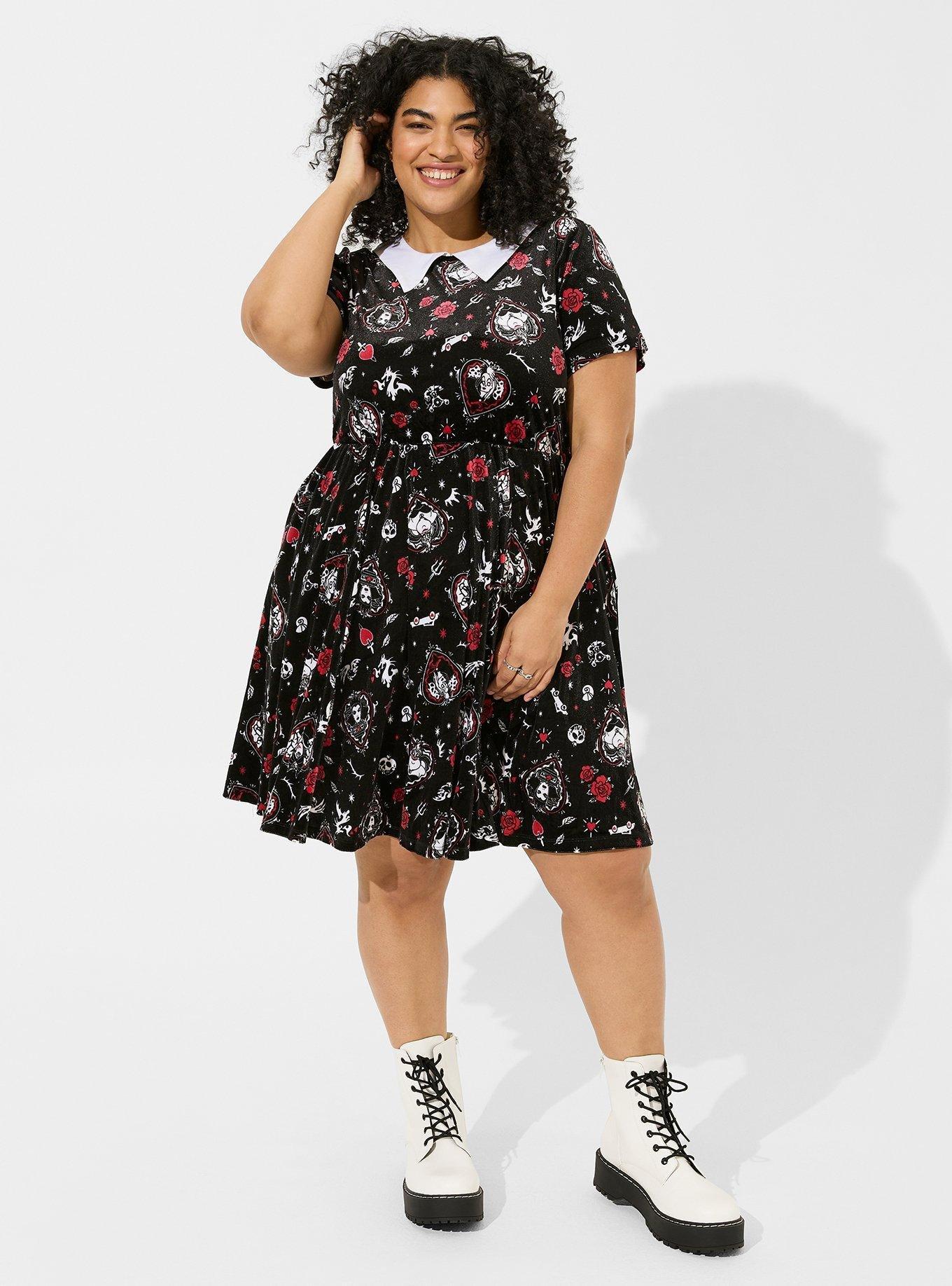 Disney Villains Skater Midi Stretch Velvet Collared Dress