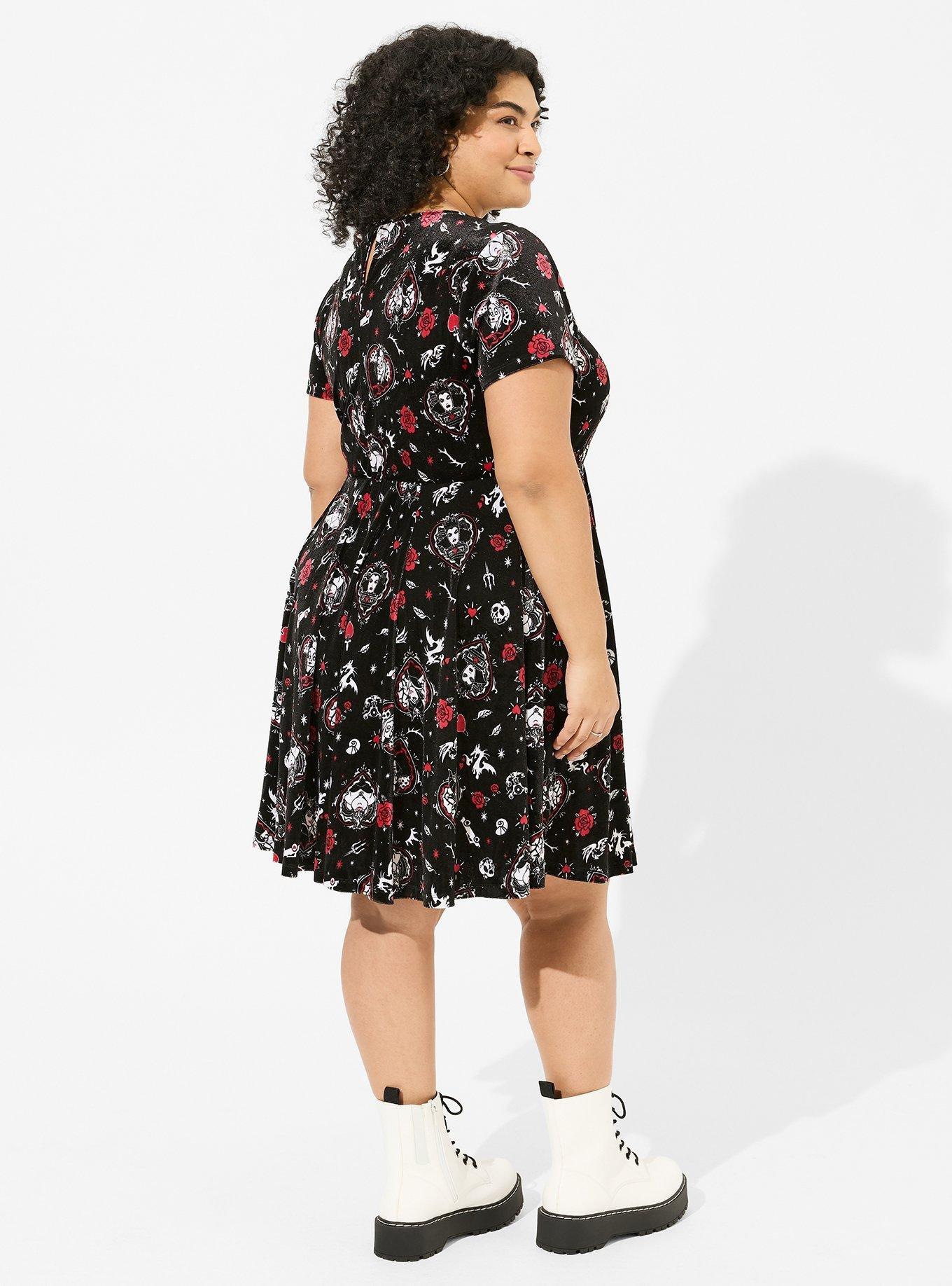 Plus Size Disney Villains Skater Midi Stretch Velvet Collared Dress, MULTI PRINT, alternate