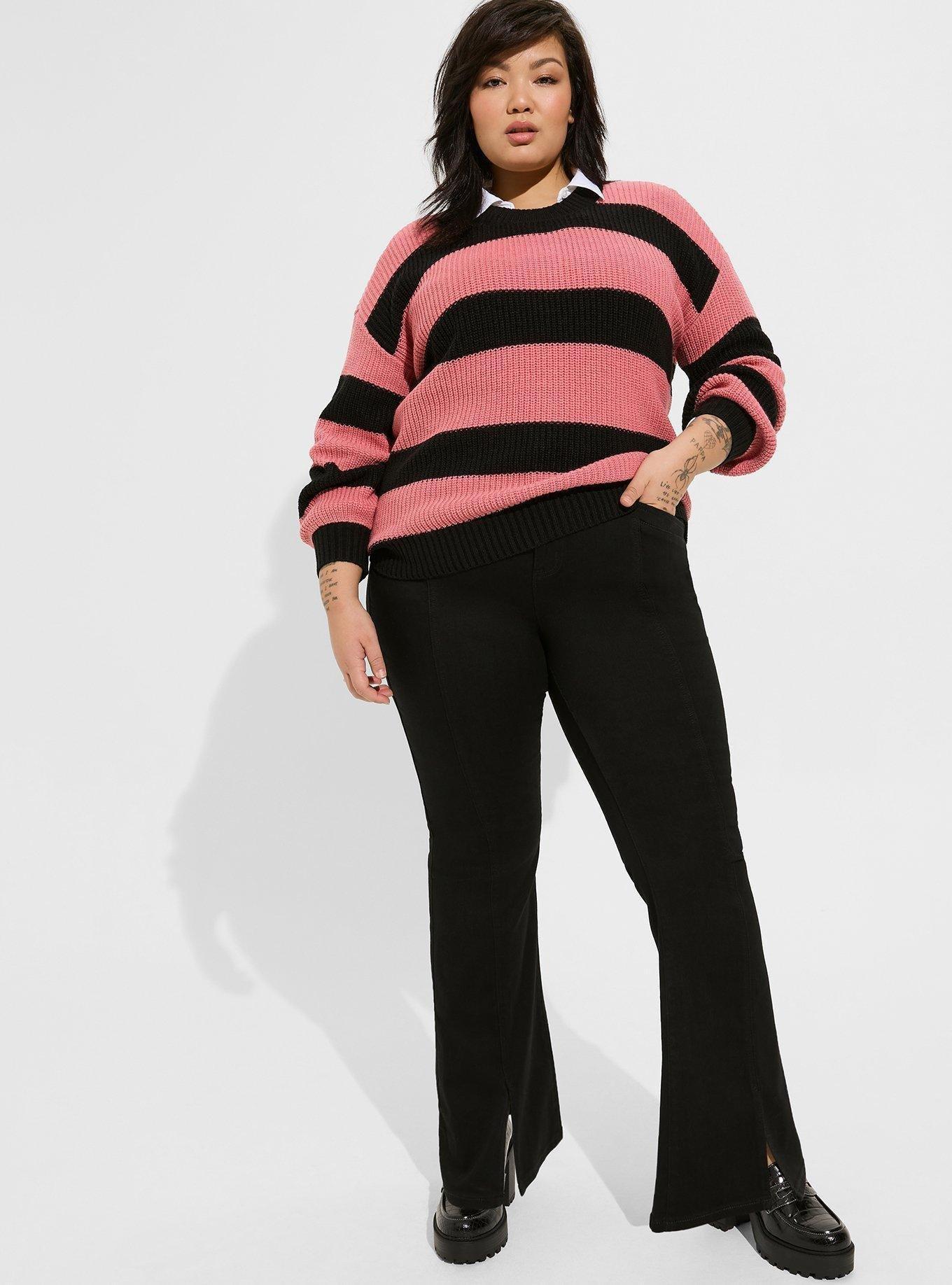 Plus Size Pullover Drop Shoulder Sweater, WIDE STRIPE DEEP BLACK/FLAMINGO PLUME, alternate