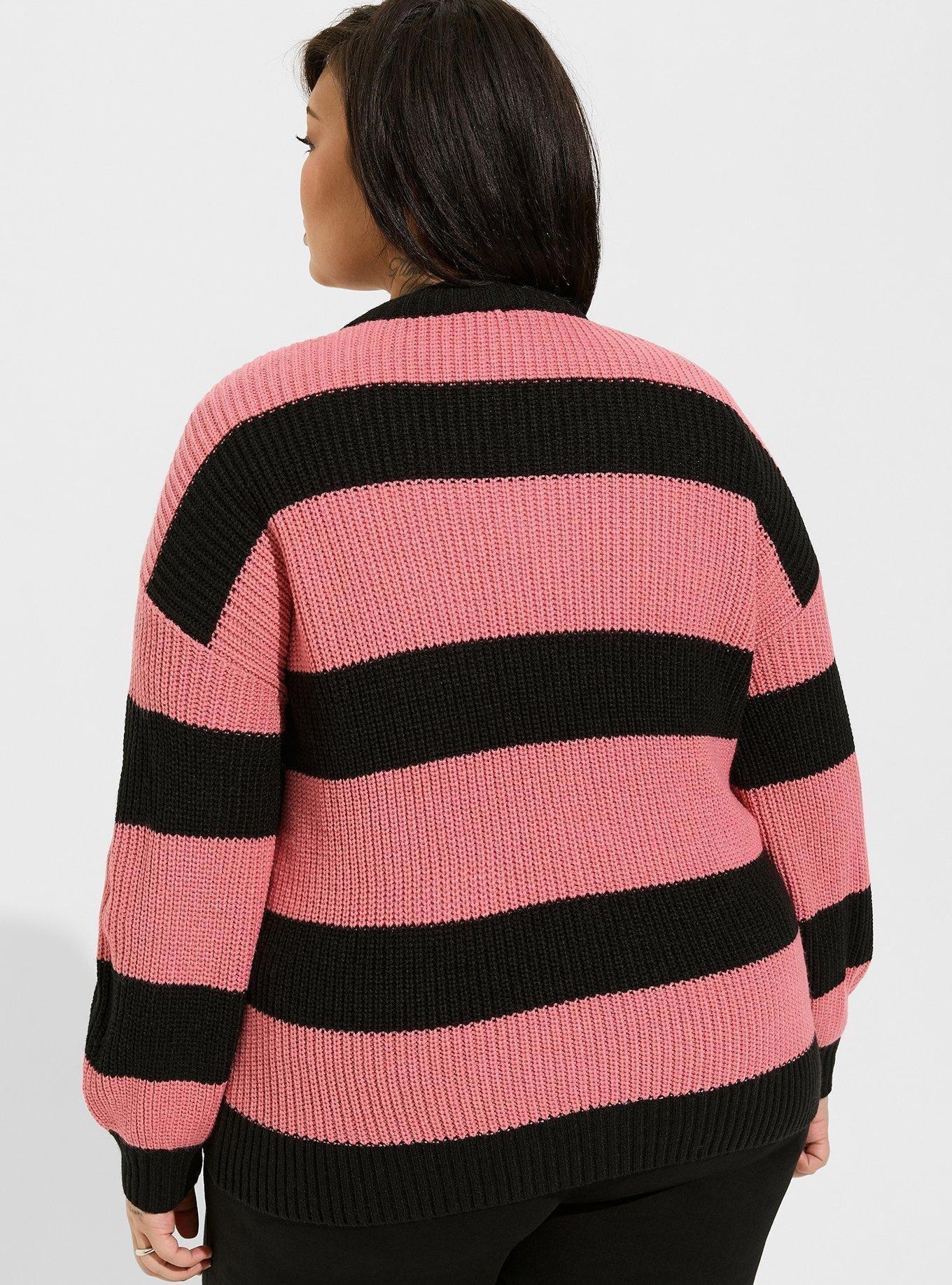 Plus Size Pullover Drop Shoulder Sweater, WIDE STRIPE DEEP BLACK/FLAMINGO PLUME, alternate