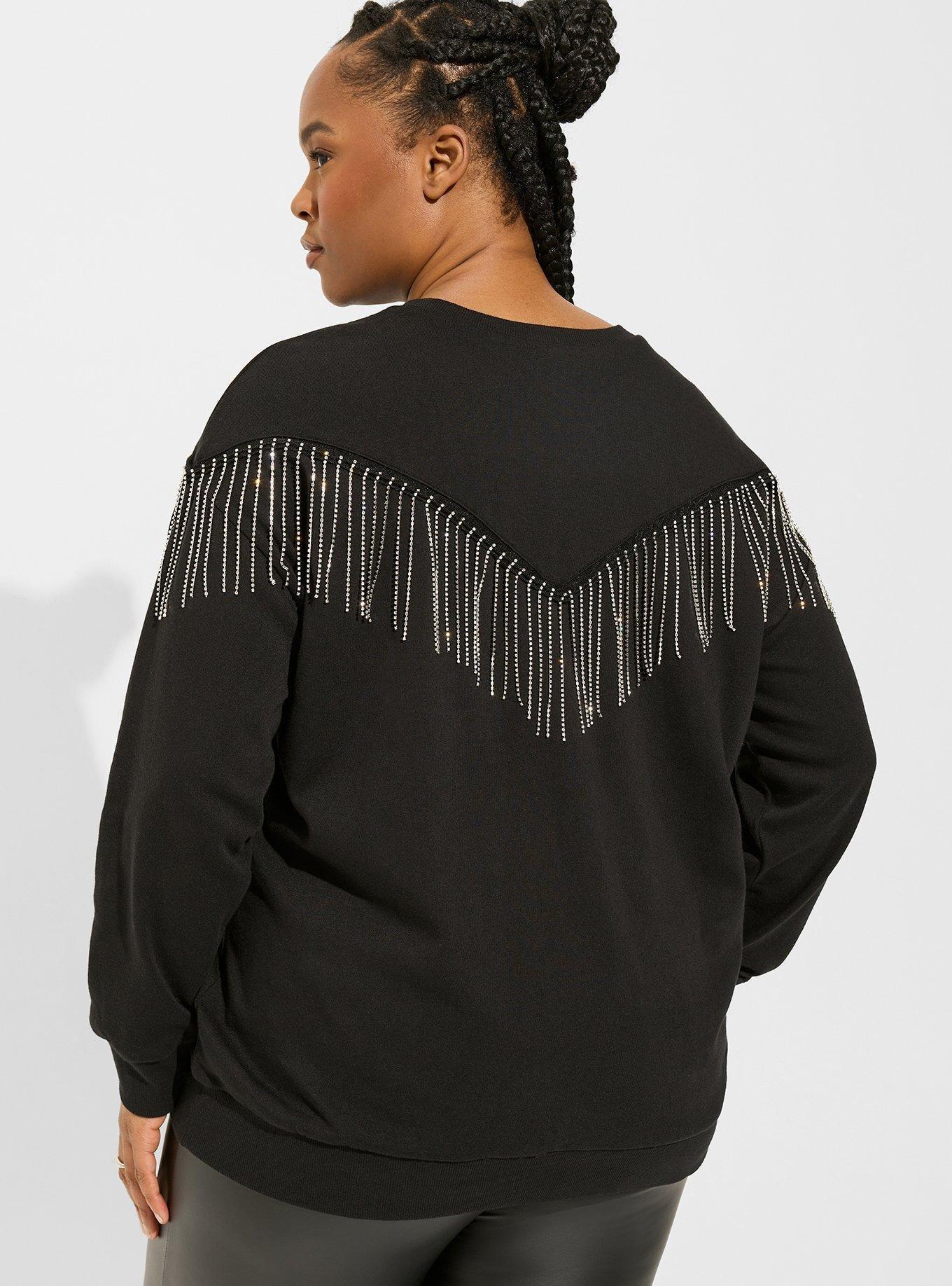 Cozy Fleece Crew Neck Drop Shoulder Rhinestone Fringe Sweatshirt