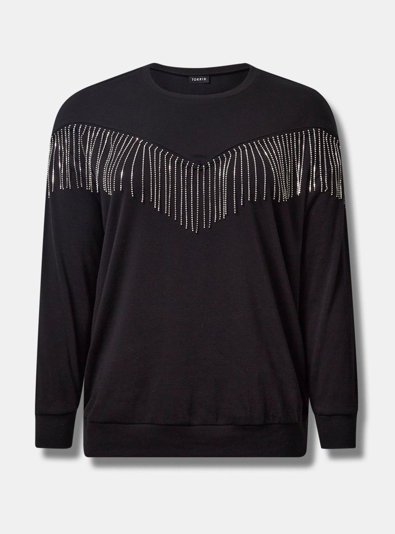 Cozy Fleece Crew Neck Drop Shoulder Rhinestone Fringe Sweatshirt