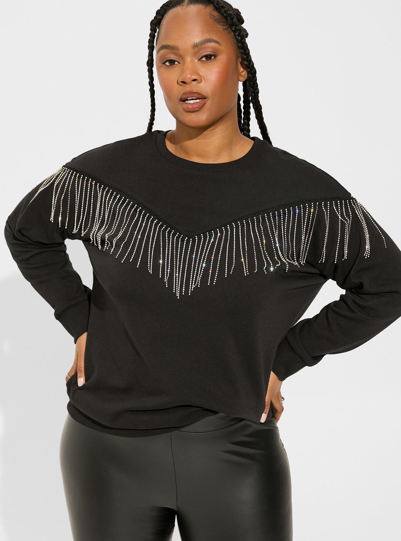 Cozy Fleece Crew Neck Drop Shoulder Rhinestone Fringe Sweatshirt