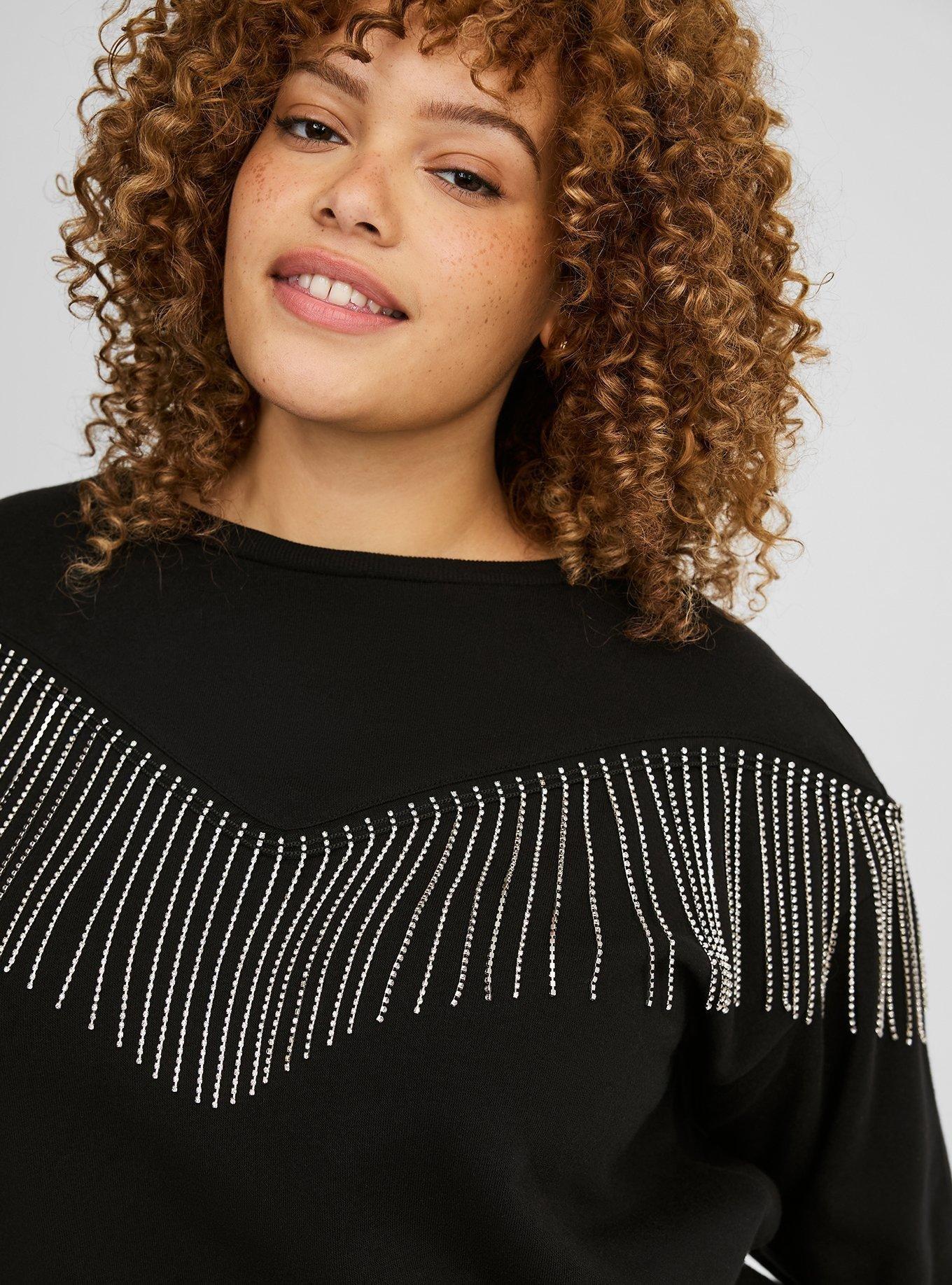 Drop Shoulder Rhinestone Fringe Sweatshirt