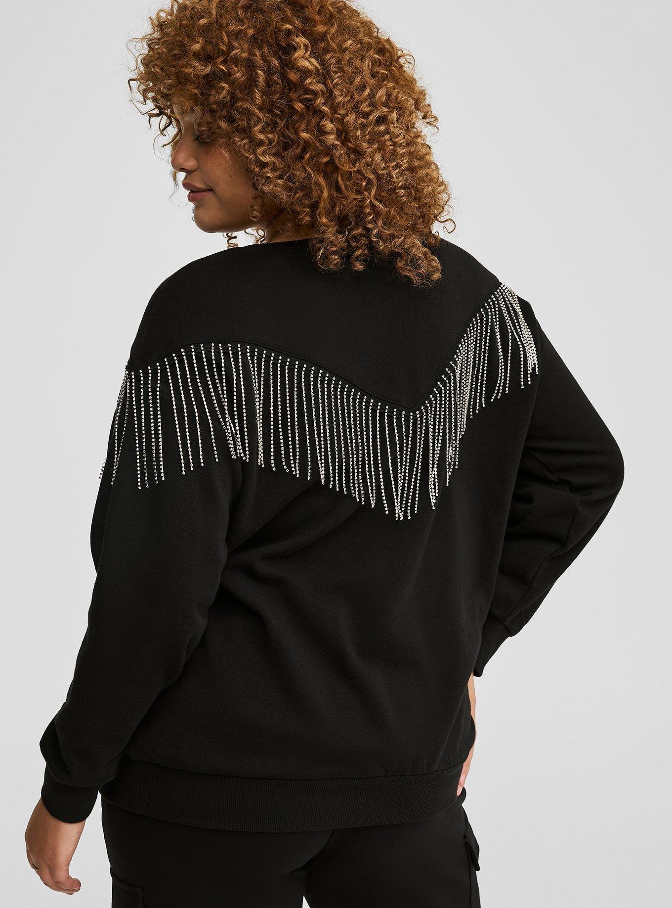 Drop Shoulder Rhinestone Fringe Sweatshirt