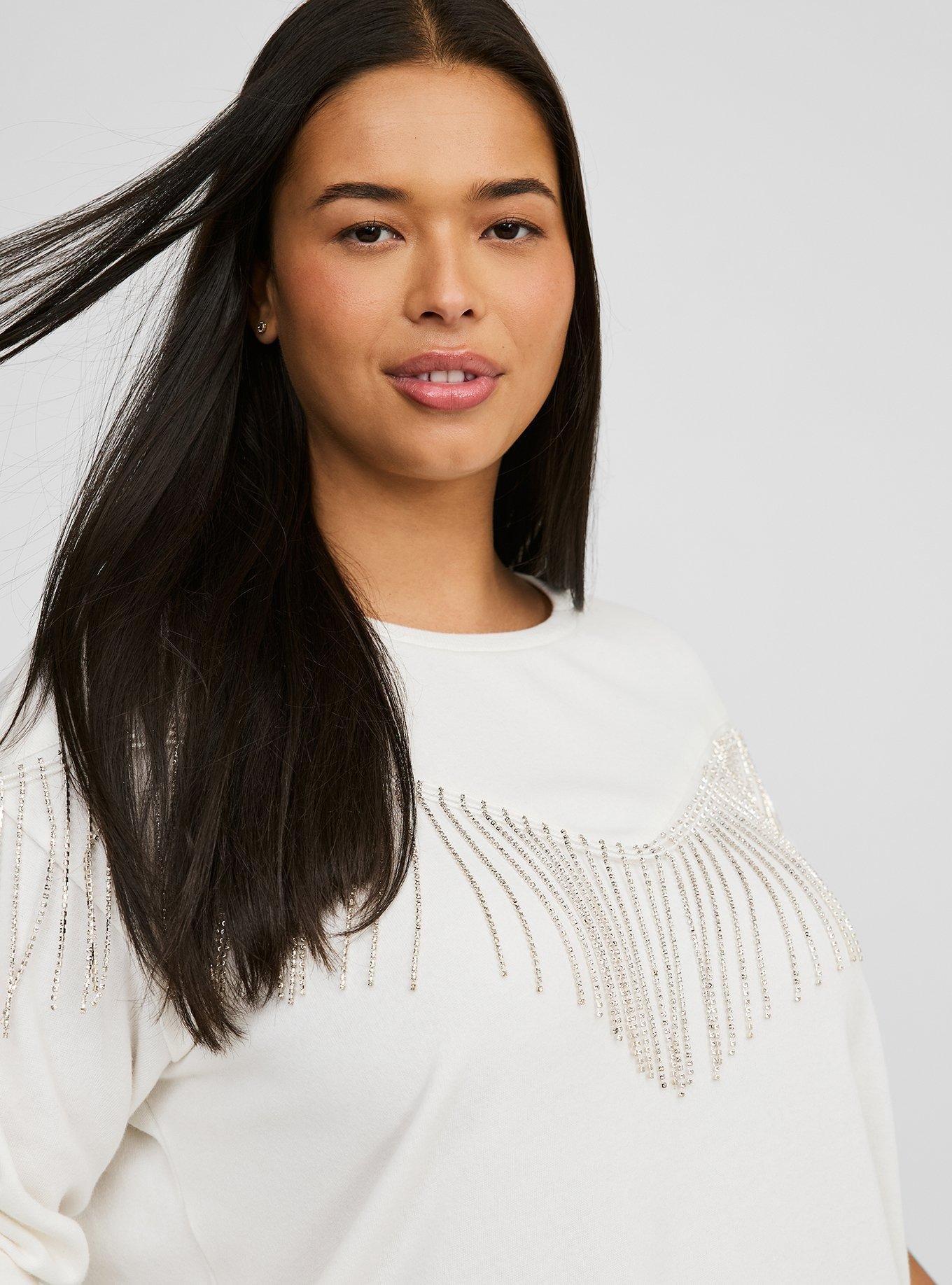 Drop Shoulder Rhinestone Fringe Sweatshirt