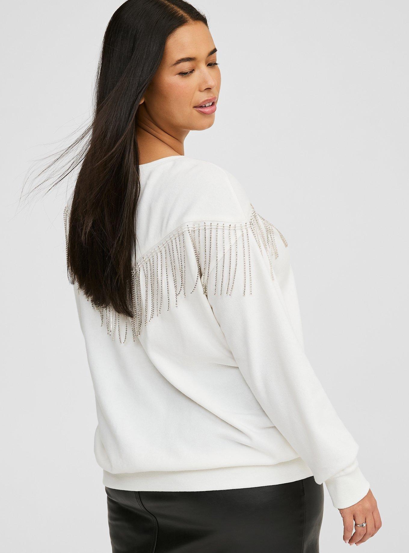 Drop Shoulder Rhinestone Fringe Sweatshirt