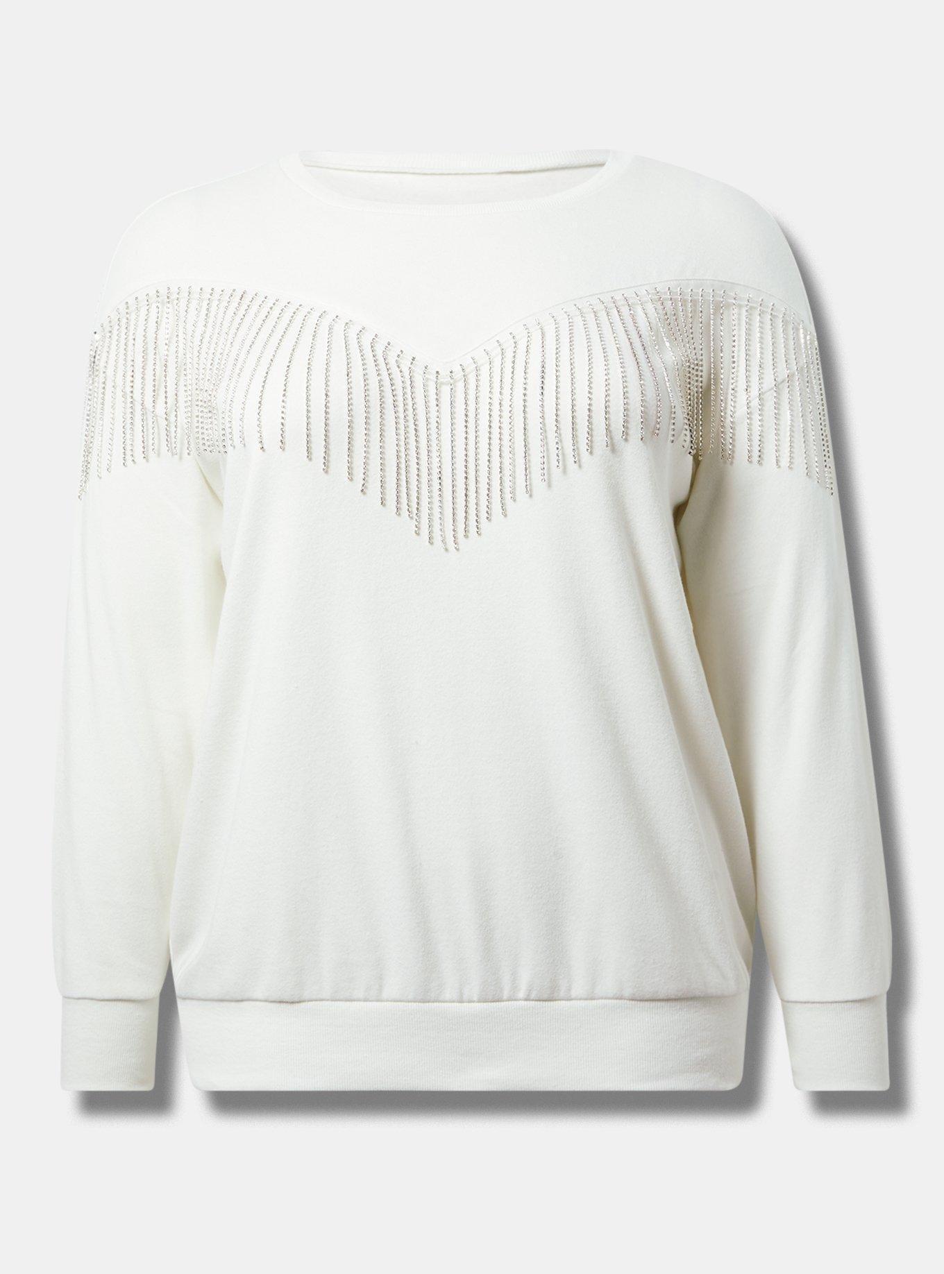 Drop Shoulder Rhinestone Fringe Sweatshirt