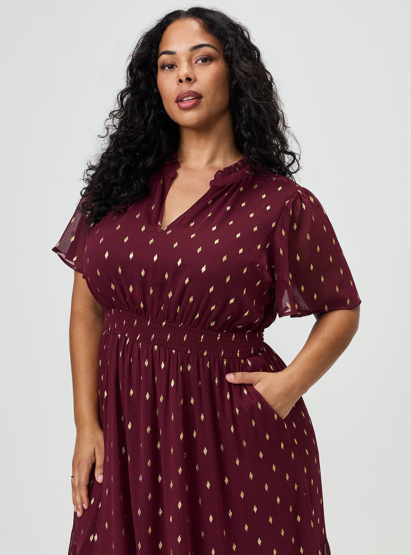 Ruffle Neckline Maxi Dress, MAROON BANNER, alternate