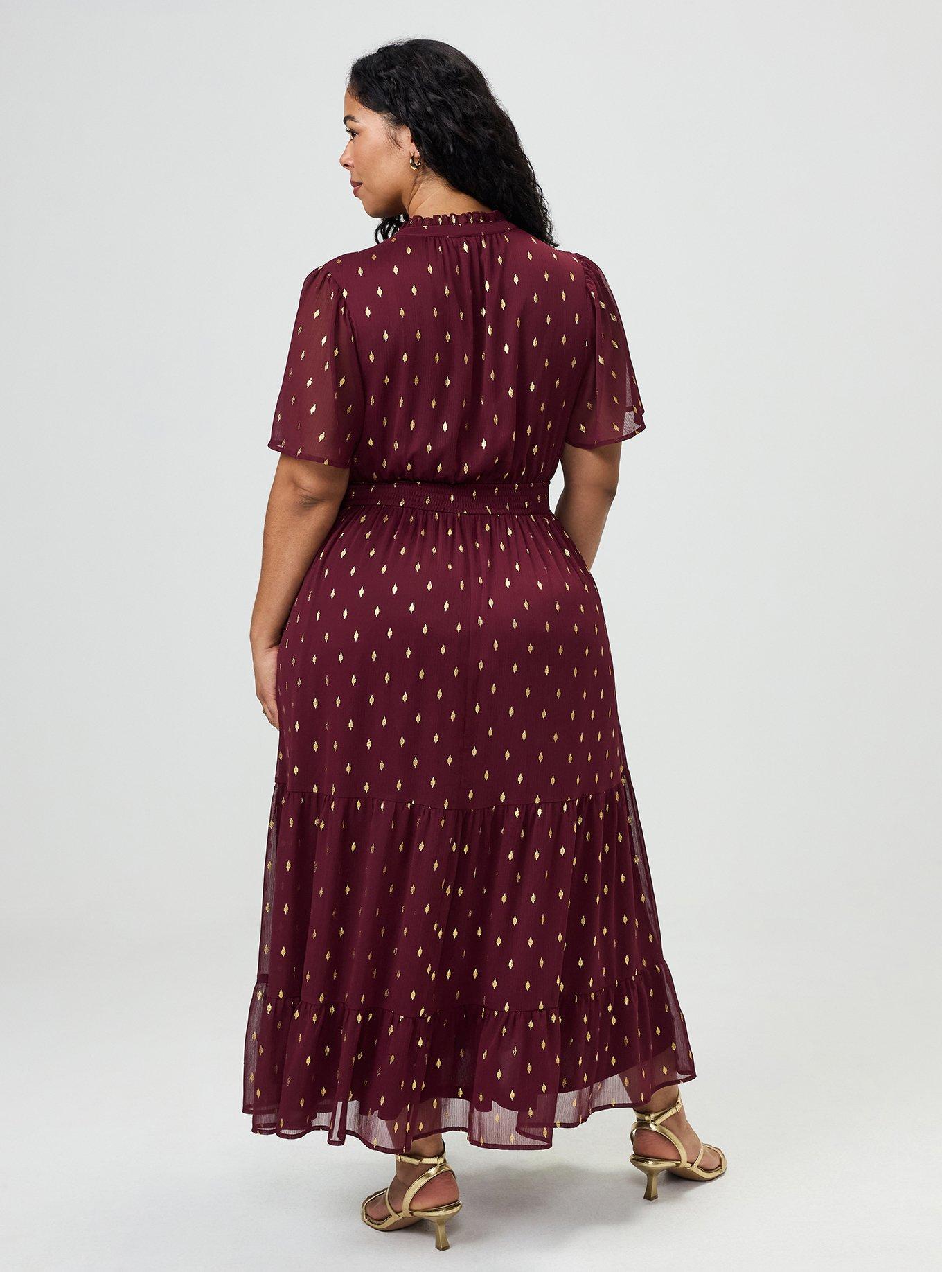 Ruffle Neckline Maxi Dress, MAROON BANNER, alternate