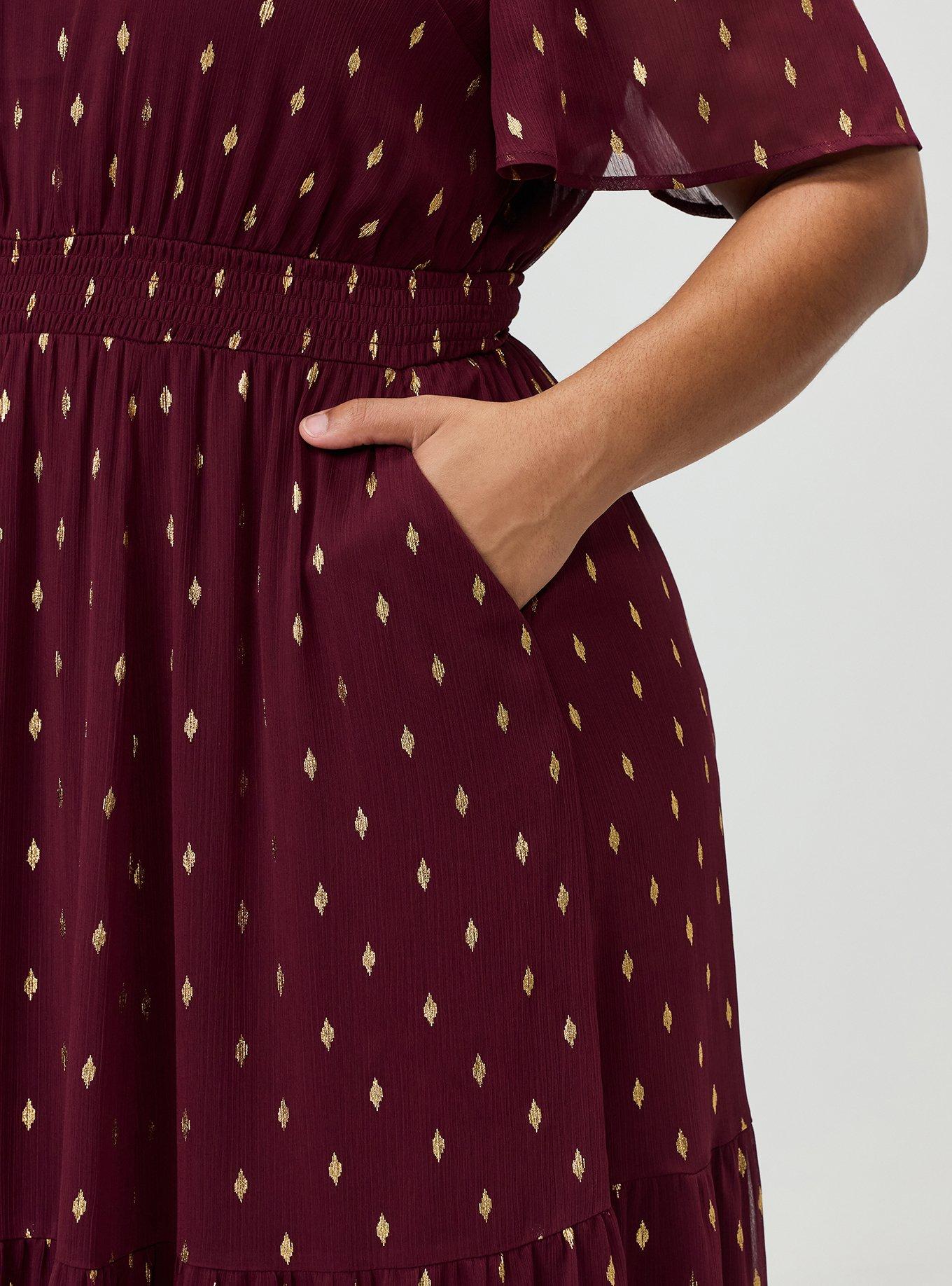 Ruffle Neckline Maxi Dress, MAROON BANNER, alternate