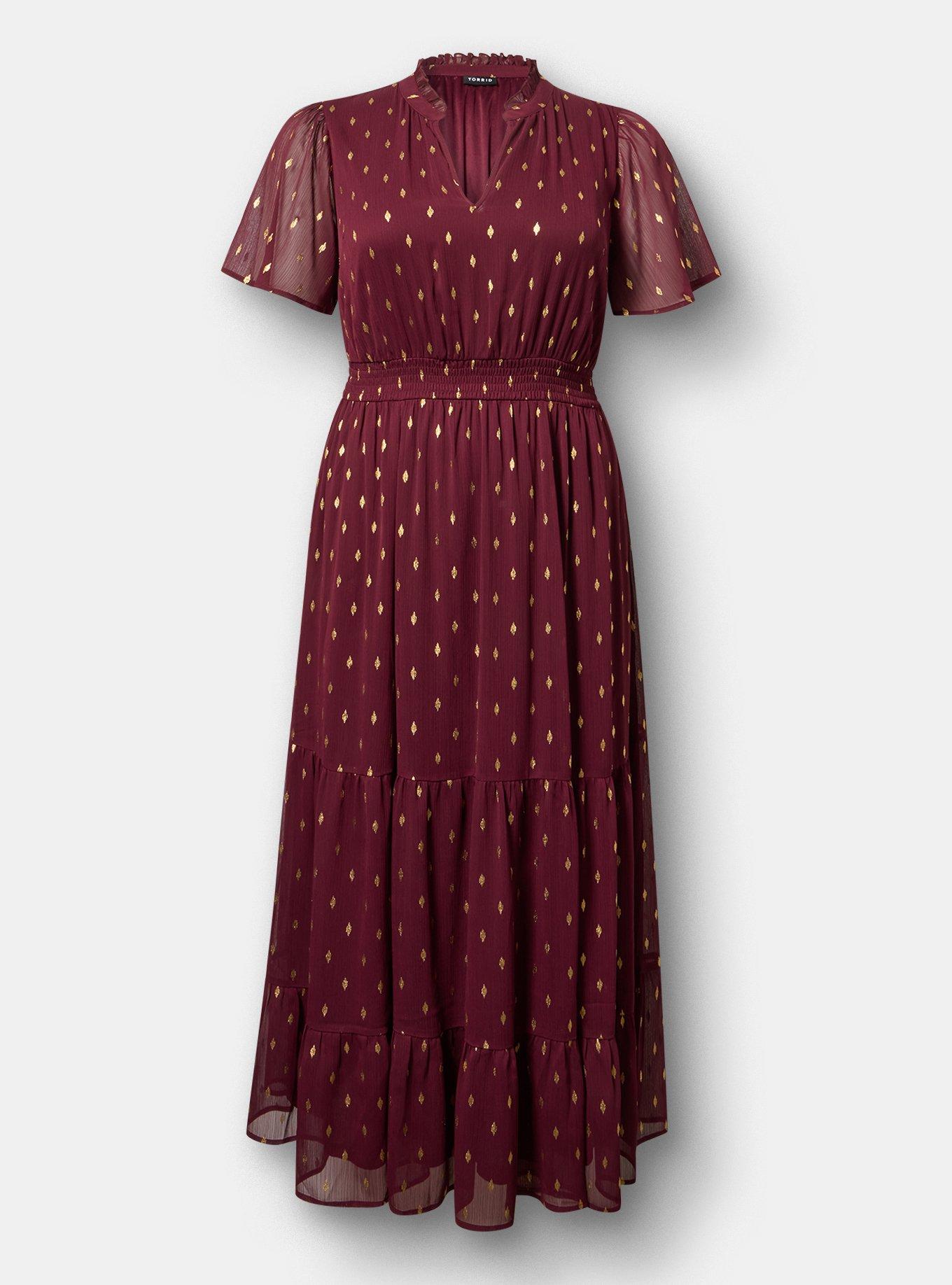 Ruffle Neckline Maxi Dress, MAROON BANNER, hi-res
