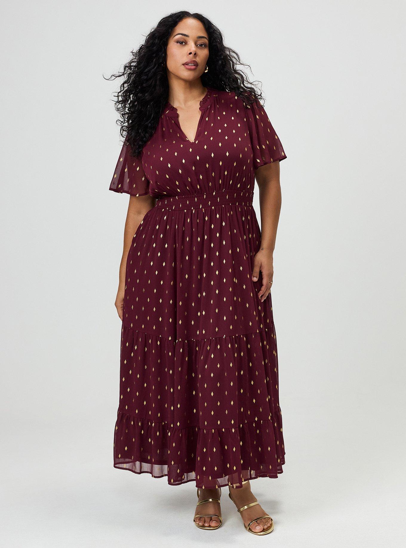 Ruffle Neckline Maxi Dress, MAROON BANNER, hi-res