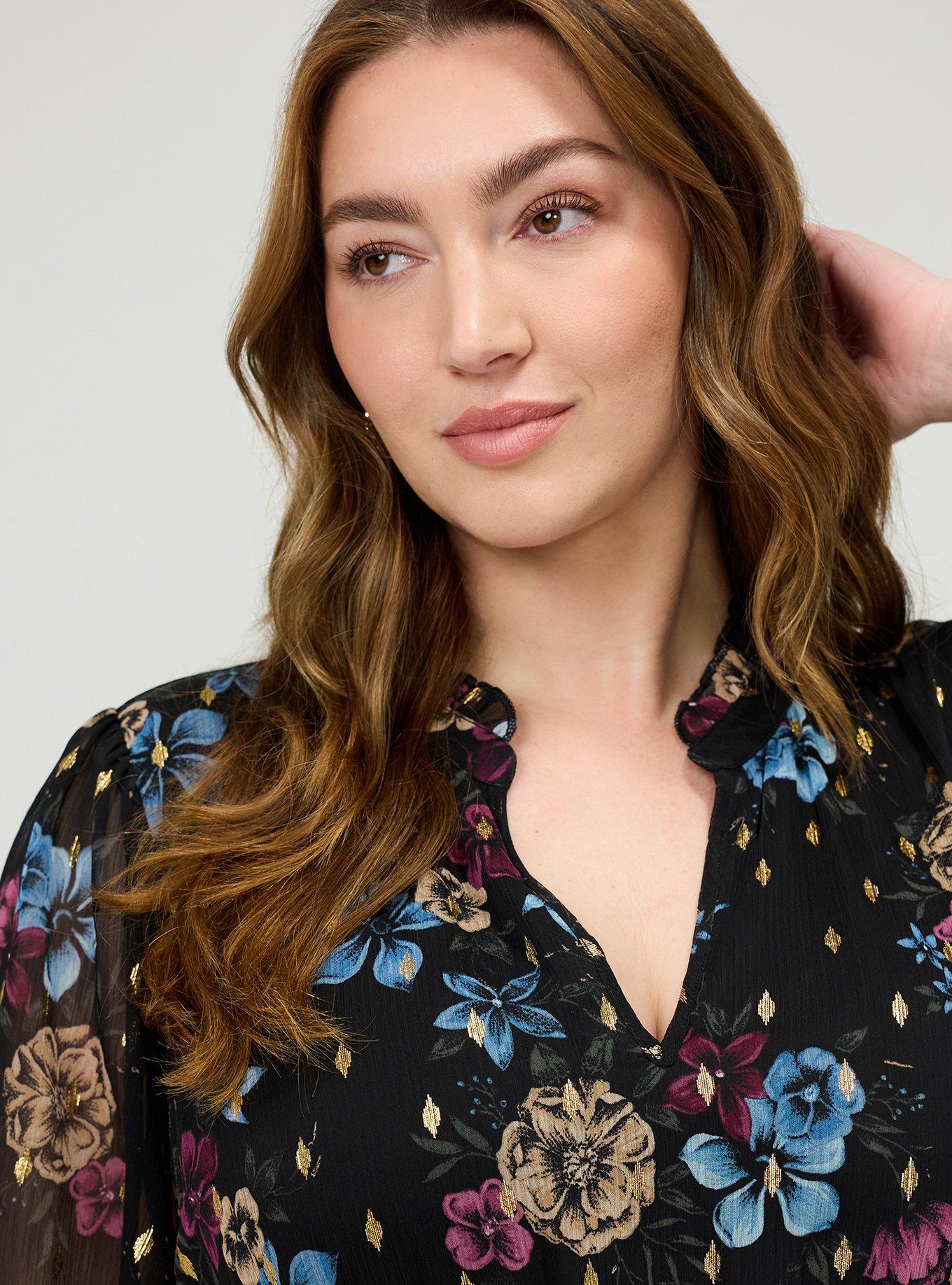 Ruffle Neckline Maxi Dress, TEIRED FLORAL BLACK, alternate