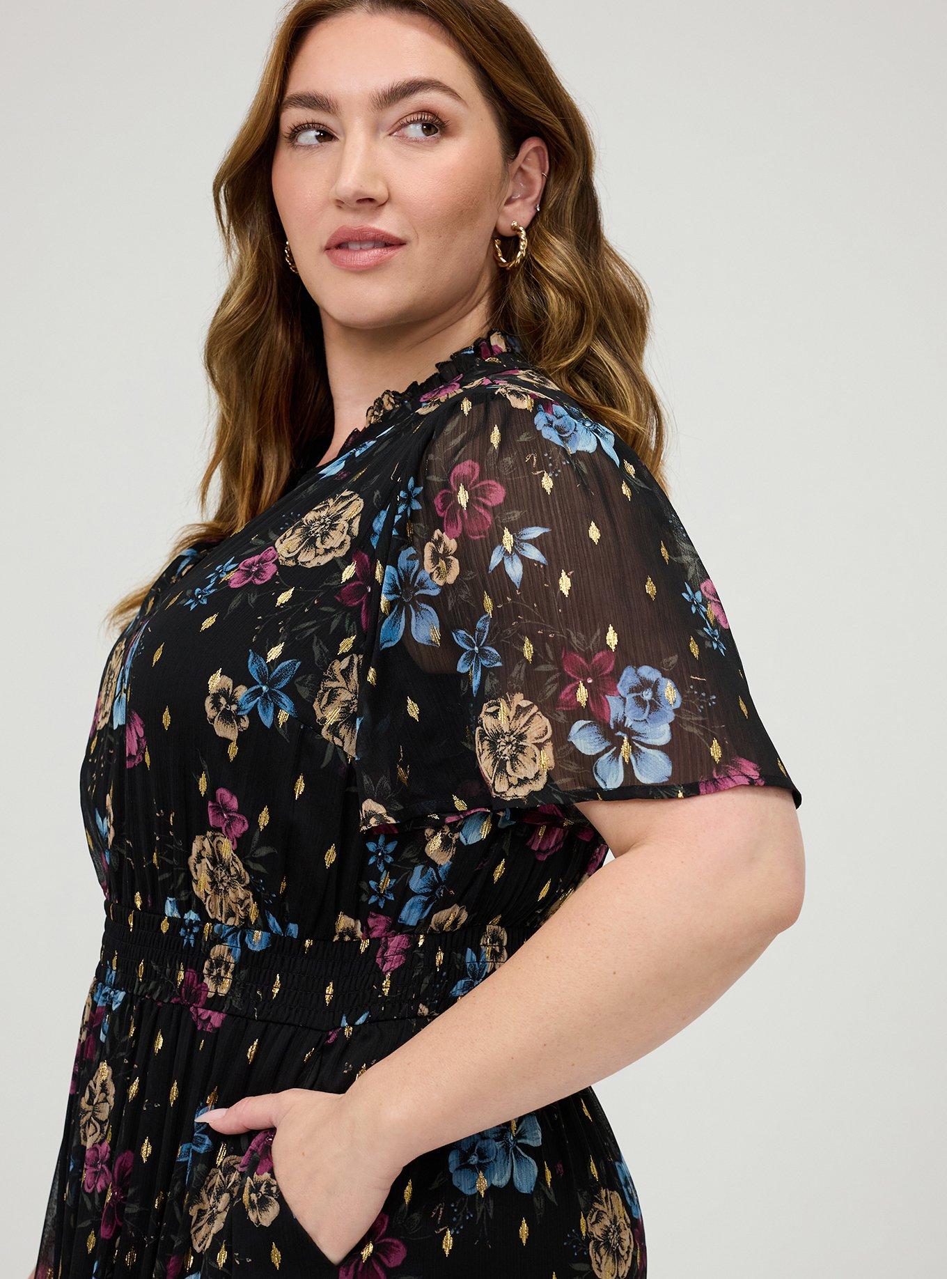 Ruffle Neckline Maxi Dress, TEIRED FLORAL BLACK, alternate
