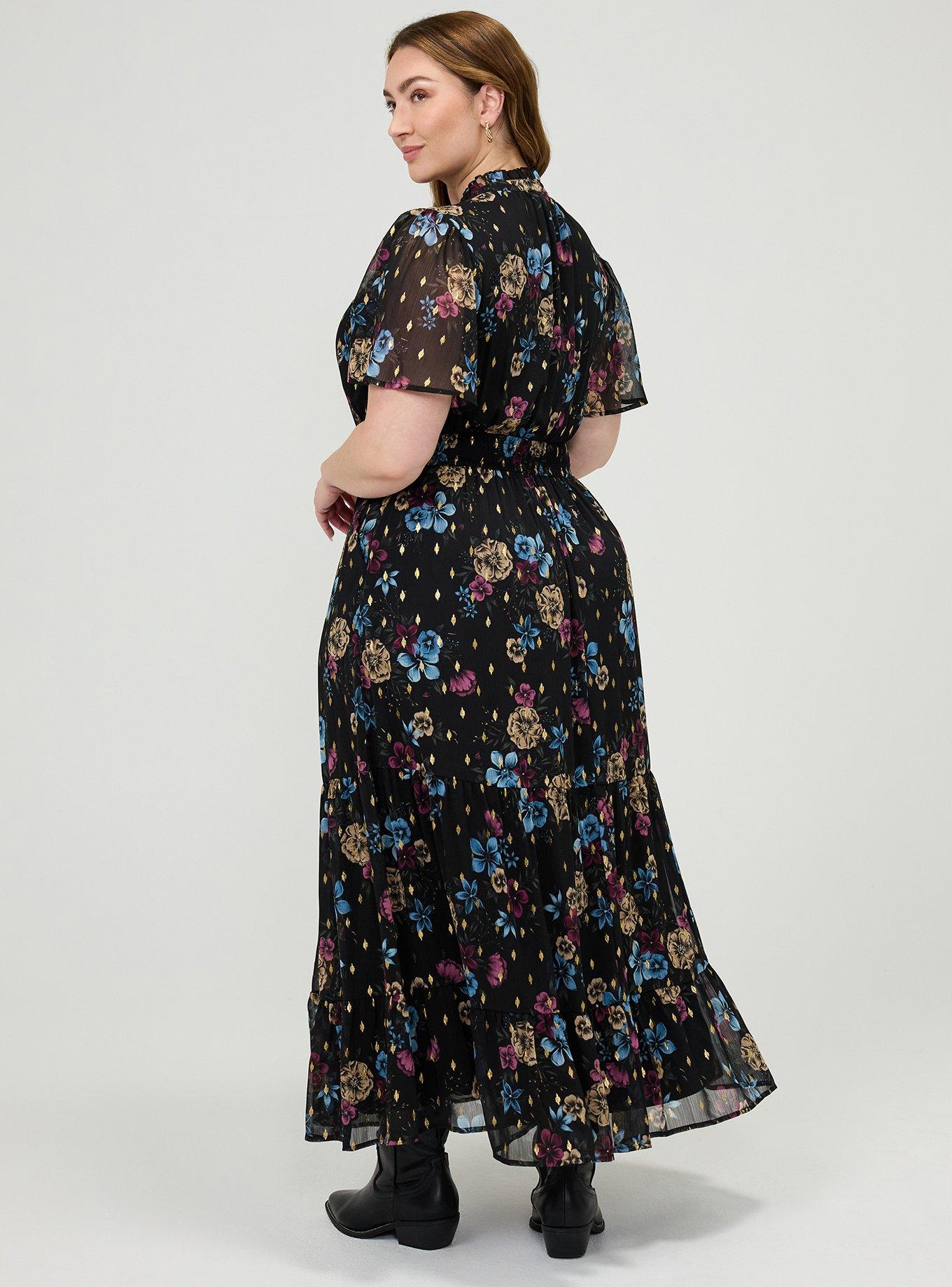 Ruffle Neckline Maxi Dress, TEIRED FLORAL BLACK, alternate