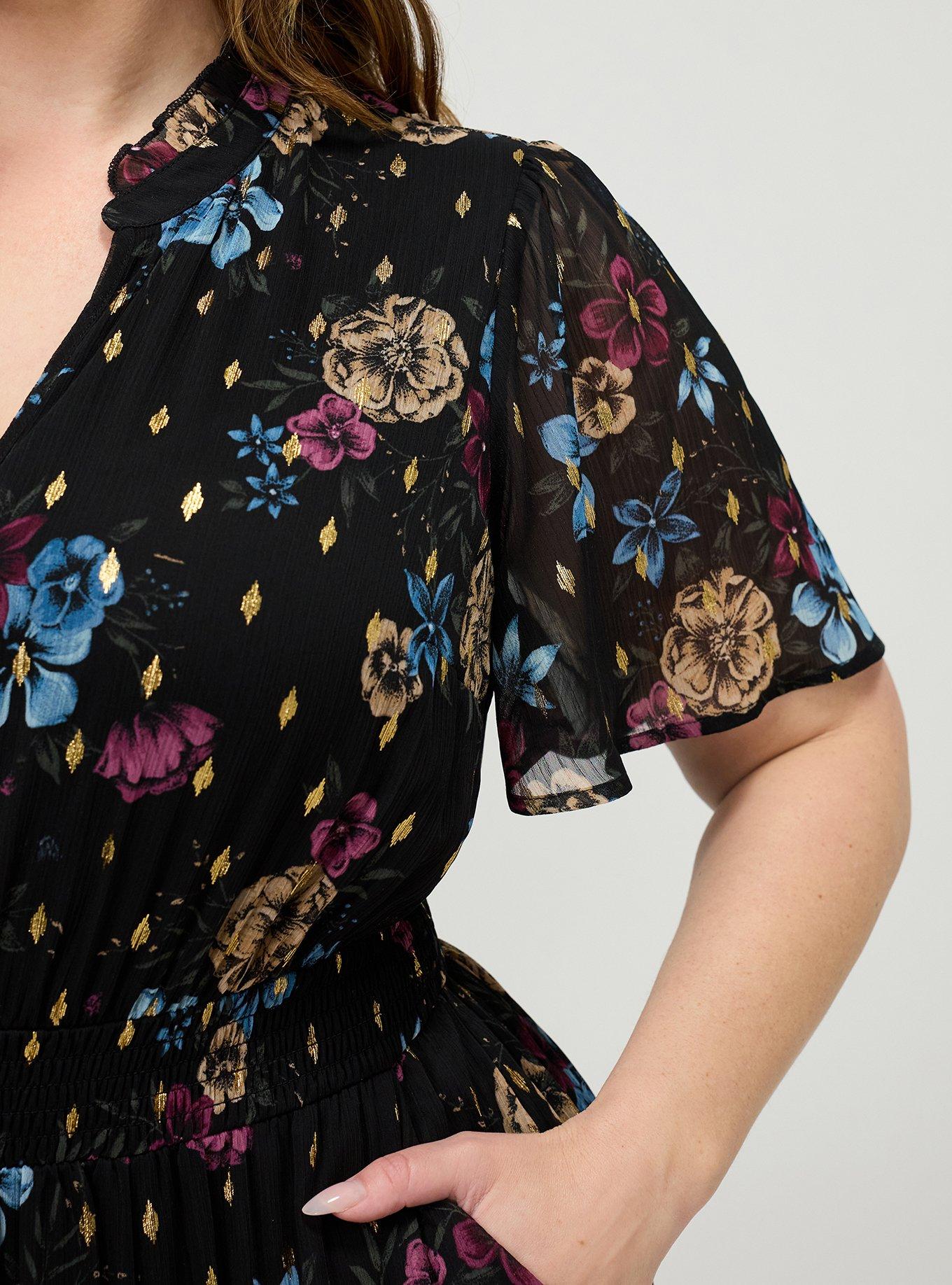 Ruffle Neckline Maxi Dress, TEIRED FLORAL BLACK, alternate