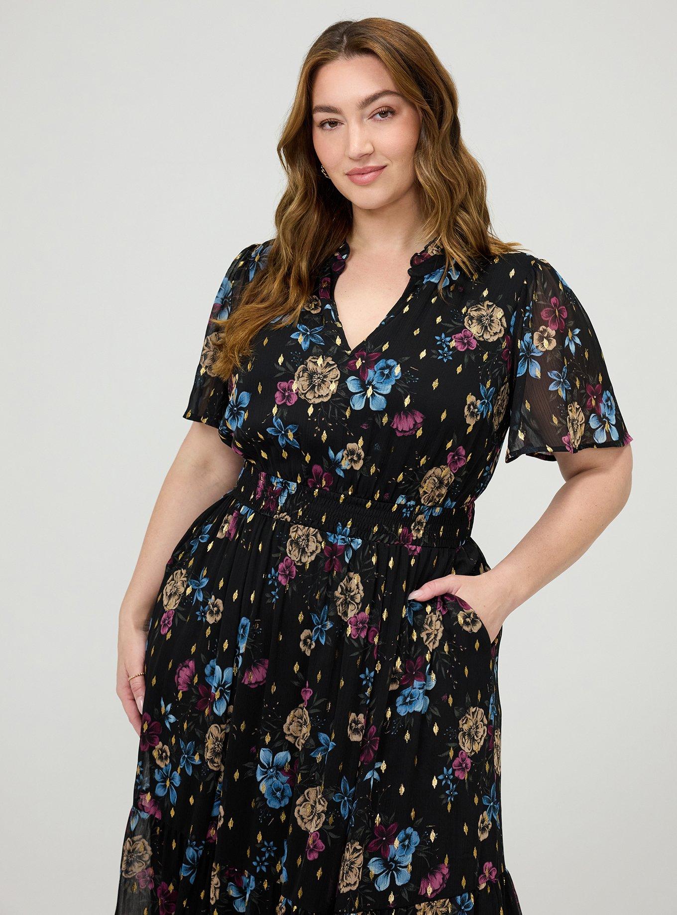 Ruffle Neckline Maxi Dress, TEIRED FLORAL BLACK, alternate