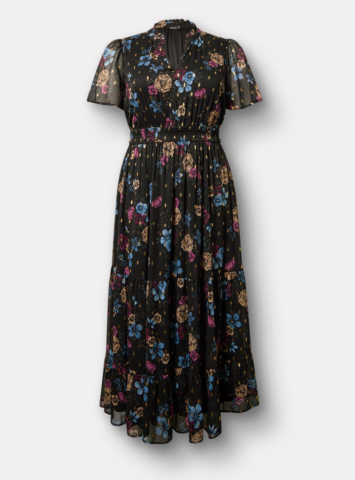 Ruffle Neckline Maxi Dress, TEIRED FLORAL BLACK, flat