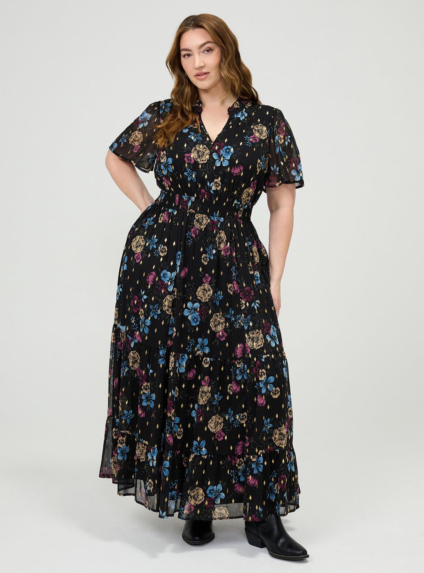 Ruffle Neckline Maxi Dress, TEIRED FLORAL BLACK, hi-res