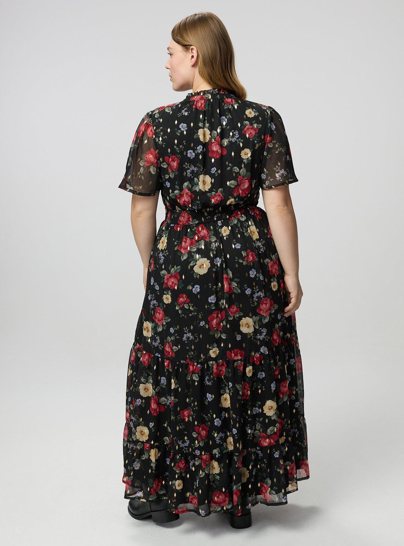 Ruffle Neckline Maxi Dress, ODE FLORAL BLACK, alternate