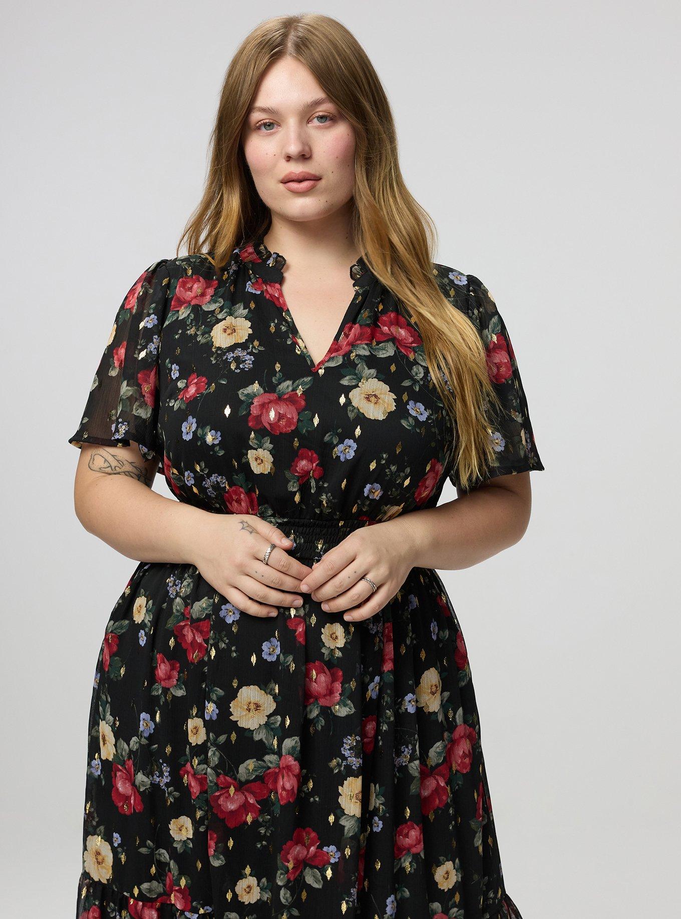 Ruffle Neckline Maxi Dress, ODE FLORAL BLACK, alternate