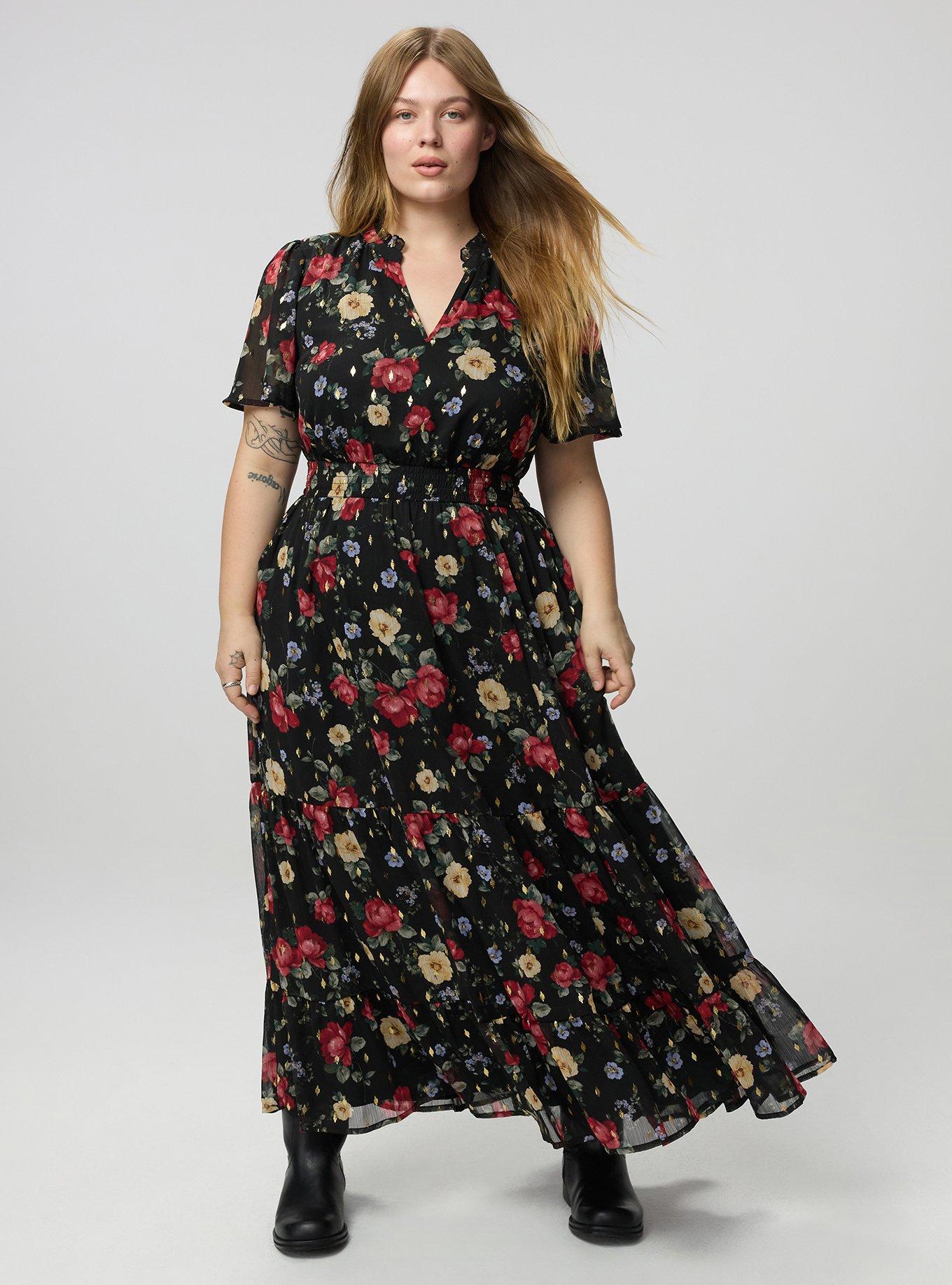 Ruffle Neckline Maxi Dress, ODE FLORAL BLACK, alternate