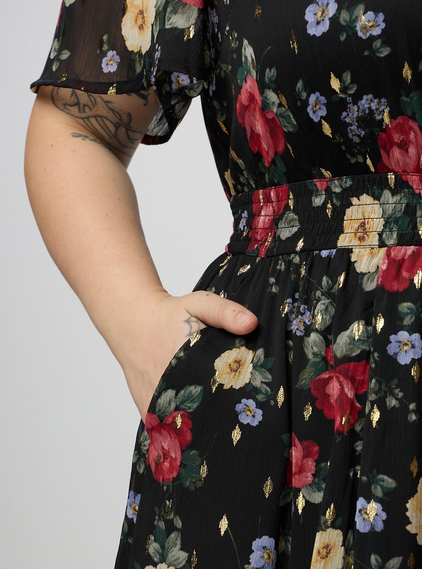 Ruffle Neckline Maxi Dress, ODE FLORAL BLACK, alternate