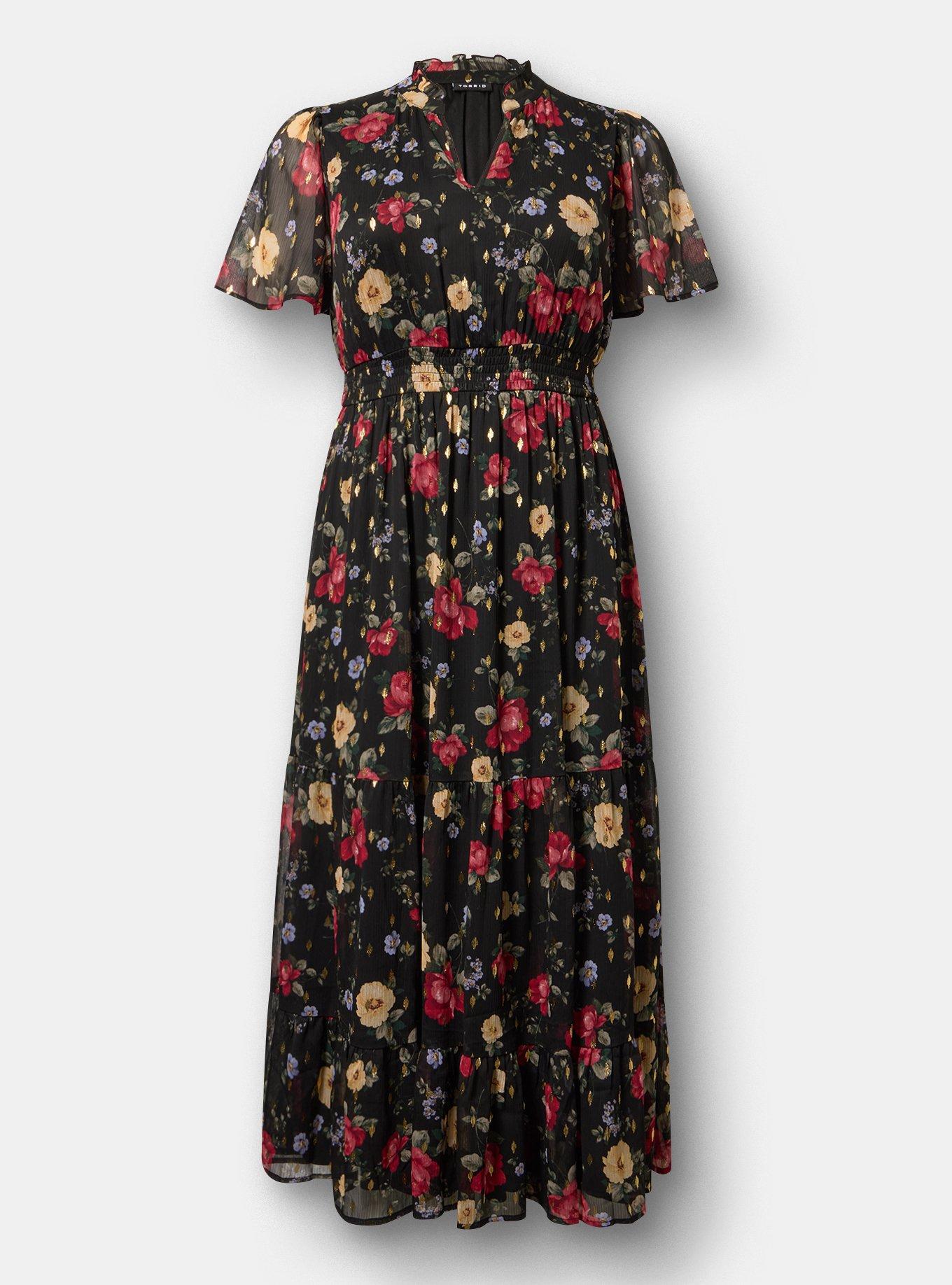 Ruffle Neckline Maxi Dress, ODE FLORAL BLACK, flat
