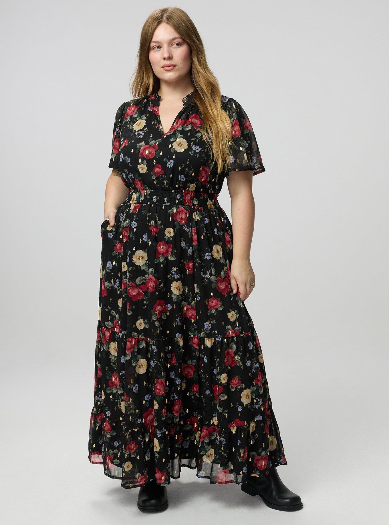 Ruffle Neckline Maxi Dress, ODE FLORAL BLACK, hi-res