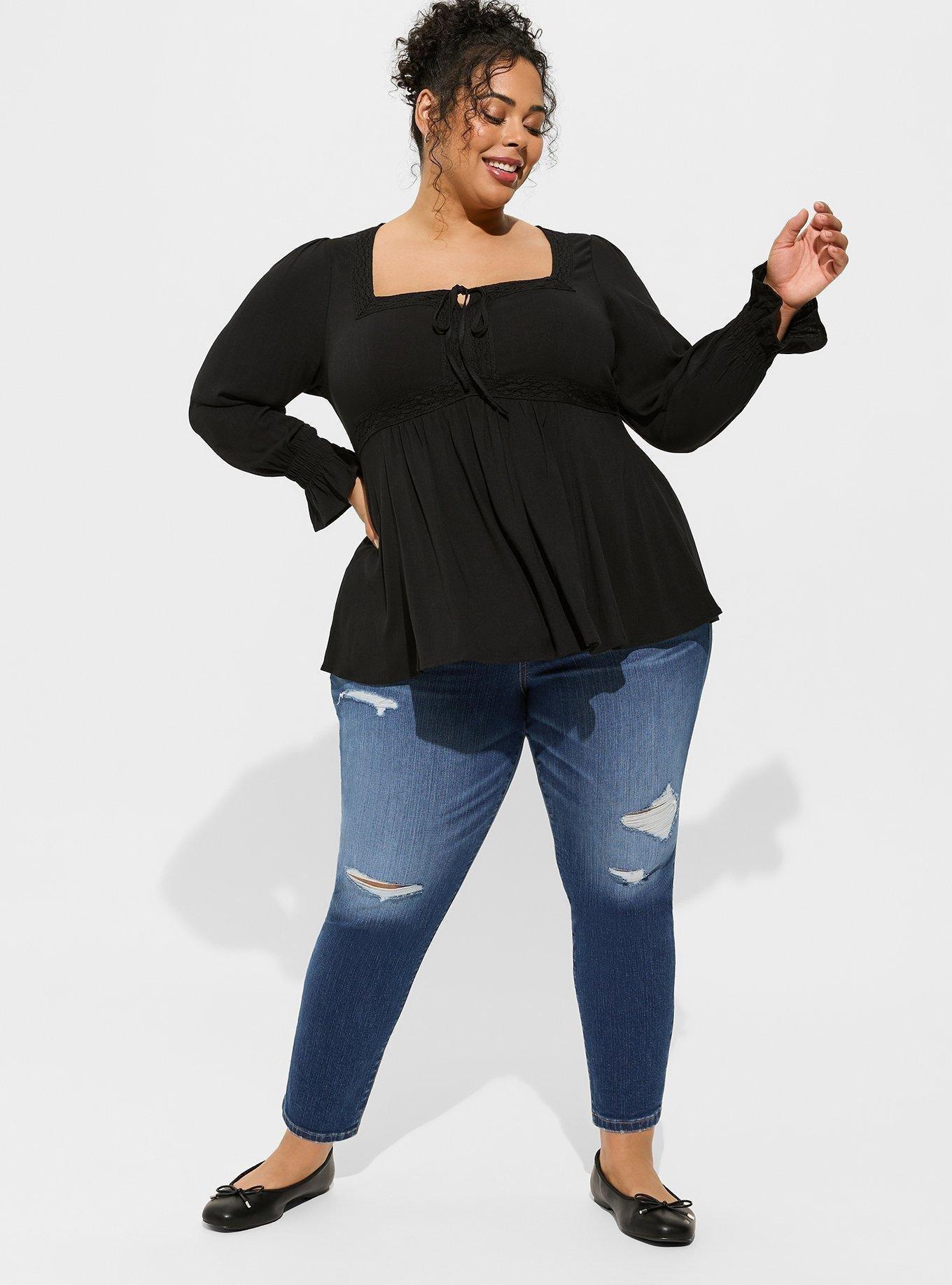 Torrid black lace trimmed long sleeve babydoll top, Plus size 3X(22-24)