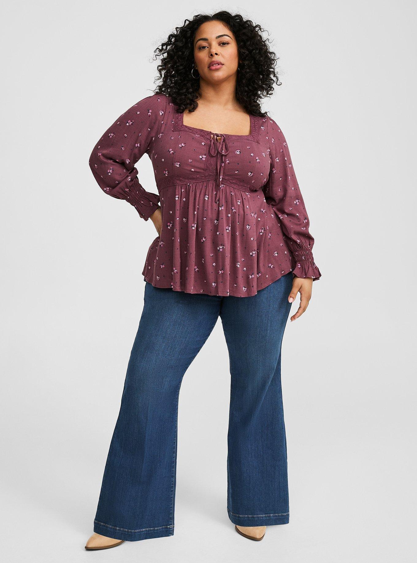 Babydoll Rayon Slub Lace Trim Long Sleeve Top
