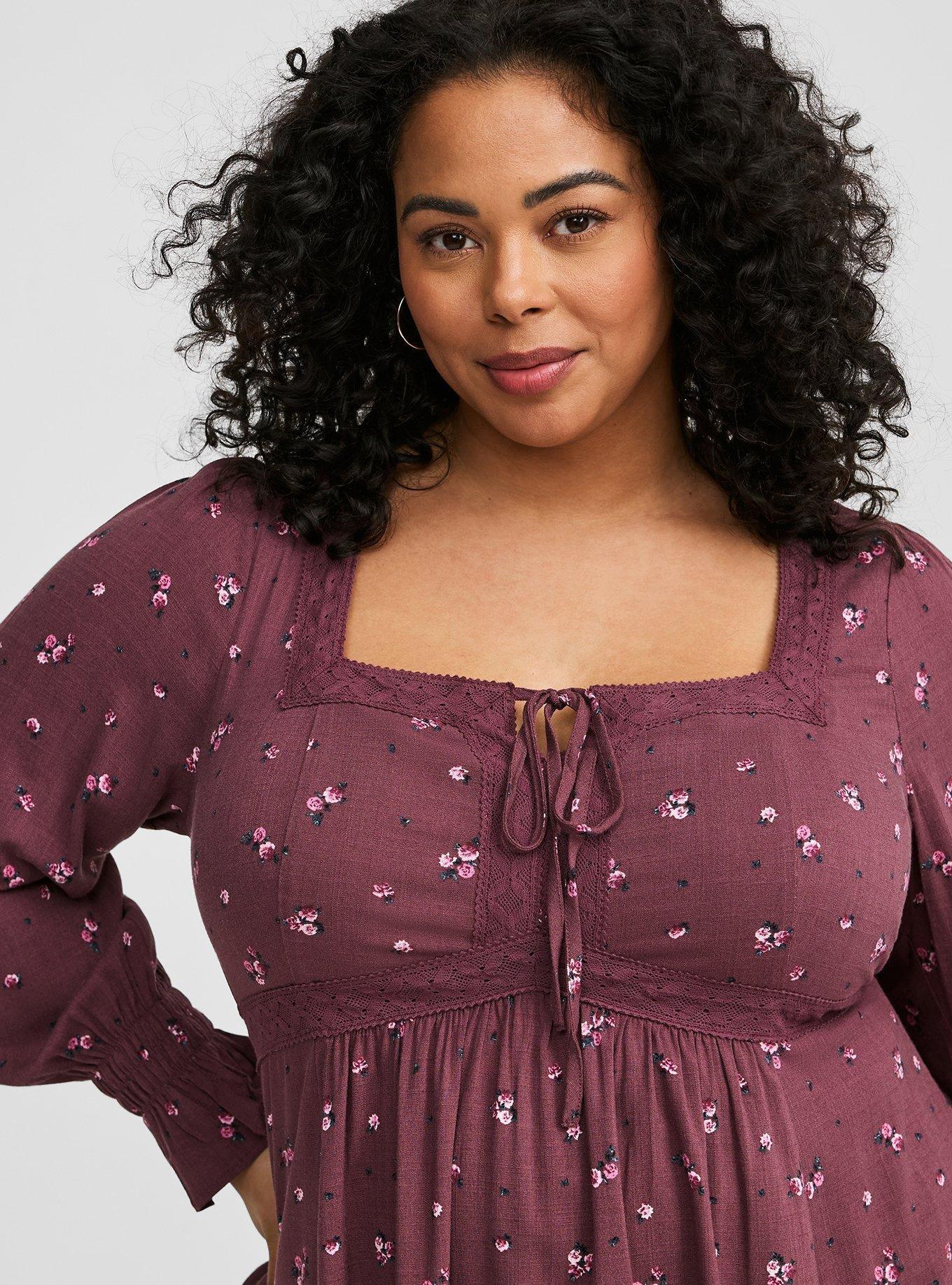 Babydoll Rayon Slub Lace Trim Long Sleeve Top