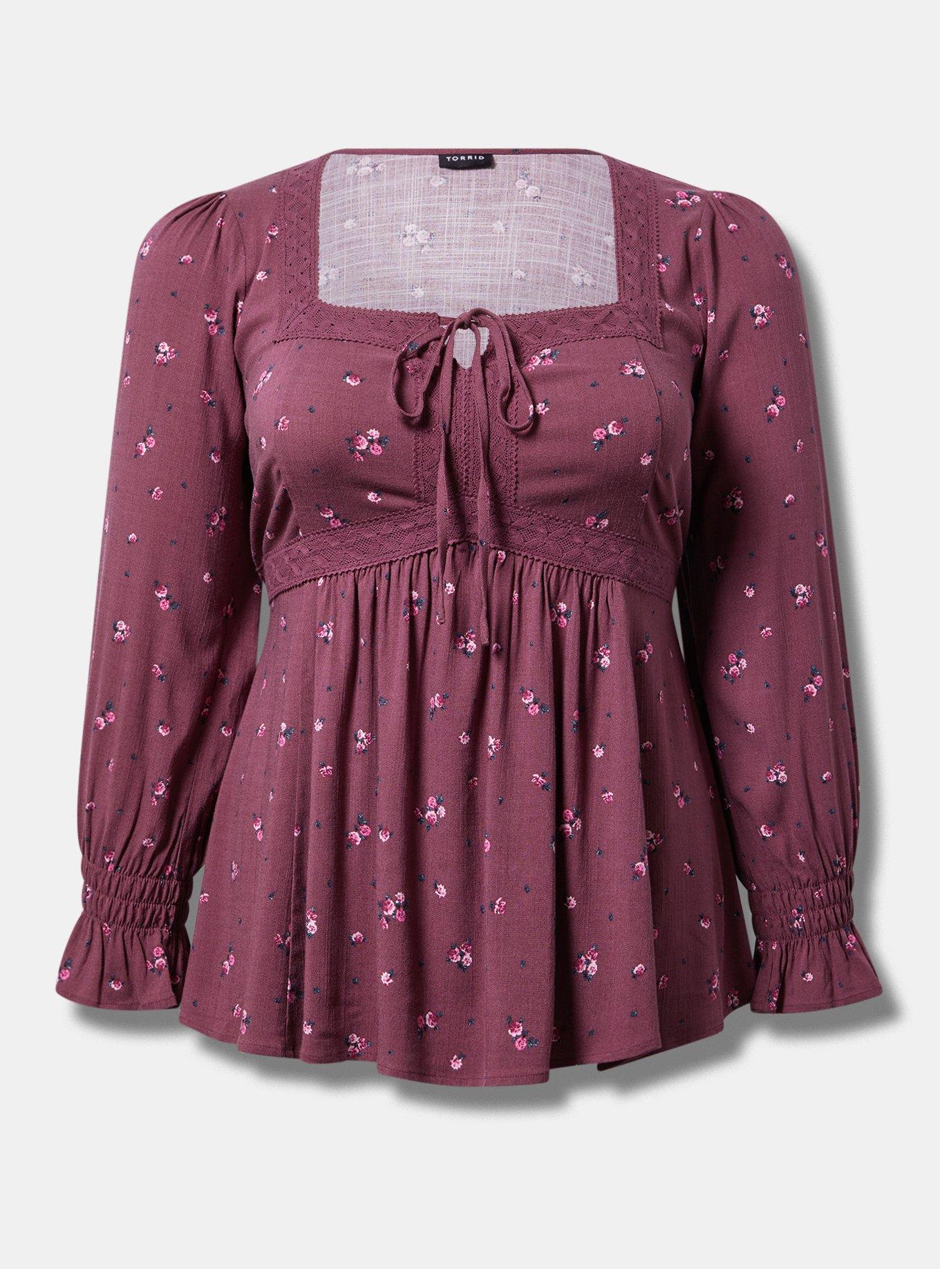 Babydoll Rayon Slub Lace Trim Long Sleeve Top