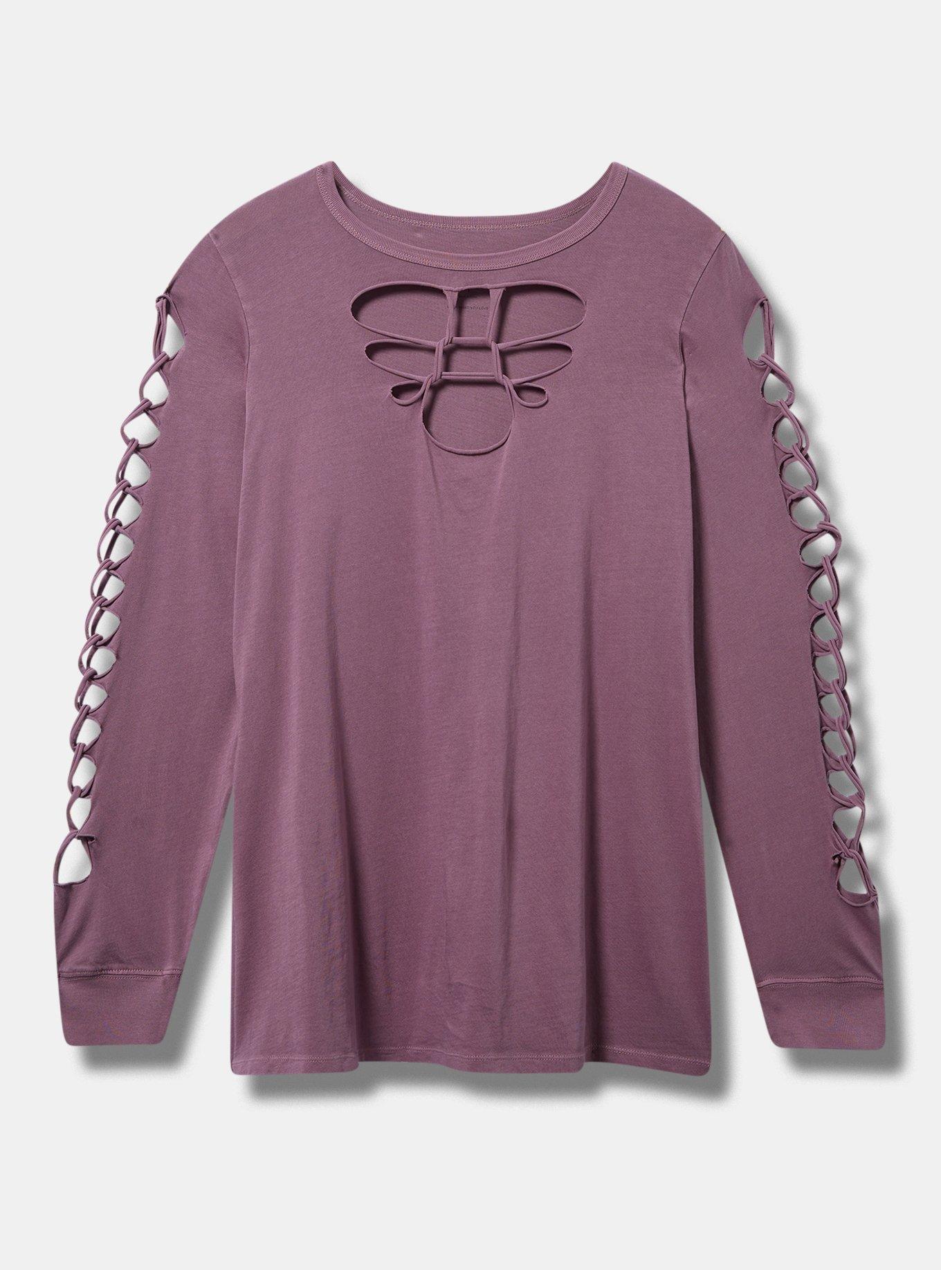 Plus Size - Vintage Cotton Jersey Crew Neck Cutout Long Sleeve Tee