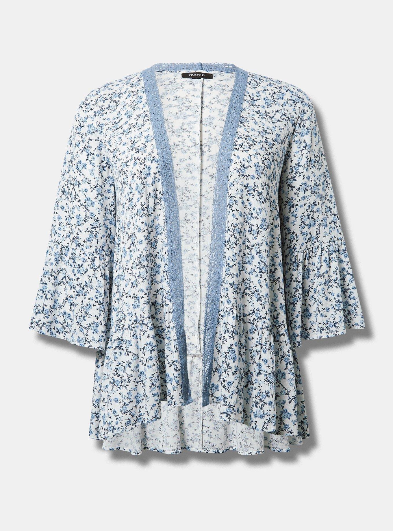 Plus Size - Washable Gauze Embroidered Short Ruffle Kimono - Torrid