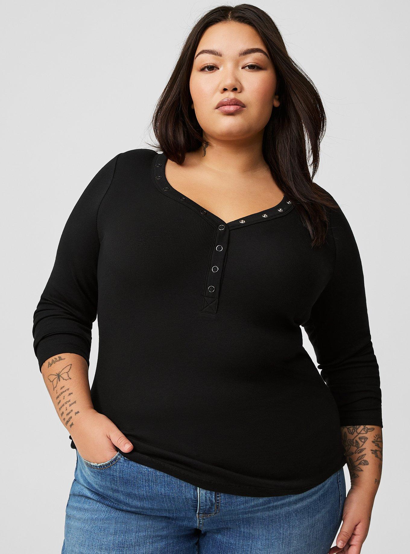 Cotton Modal Rib Curved Henley Long Sleeve Top, DEEP BLACK, alternate