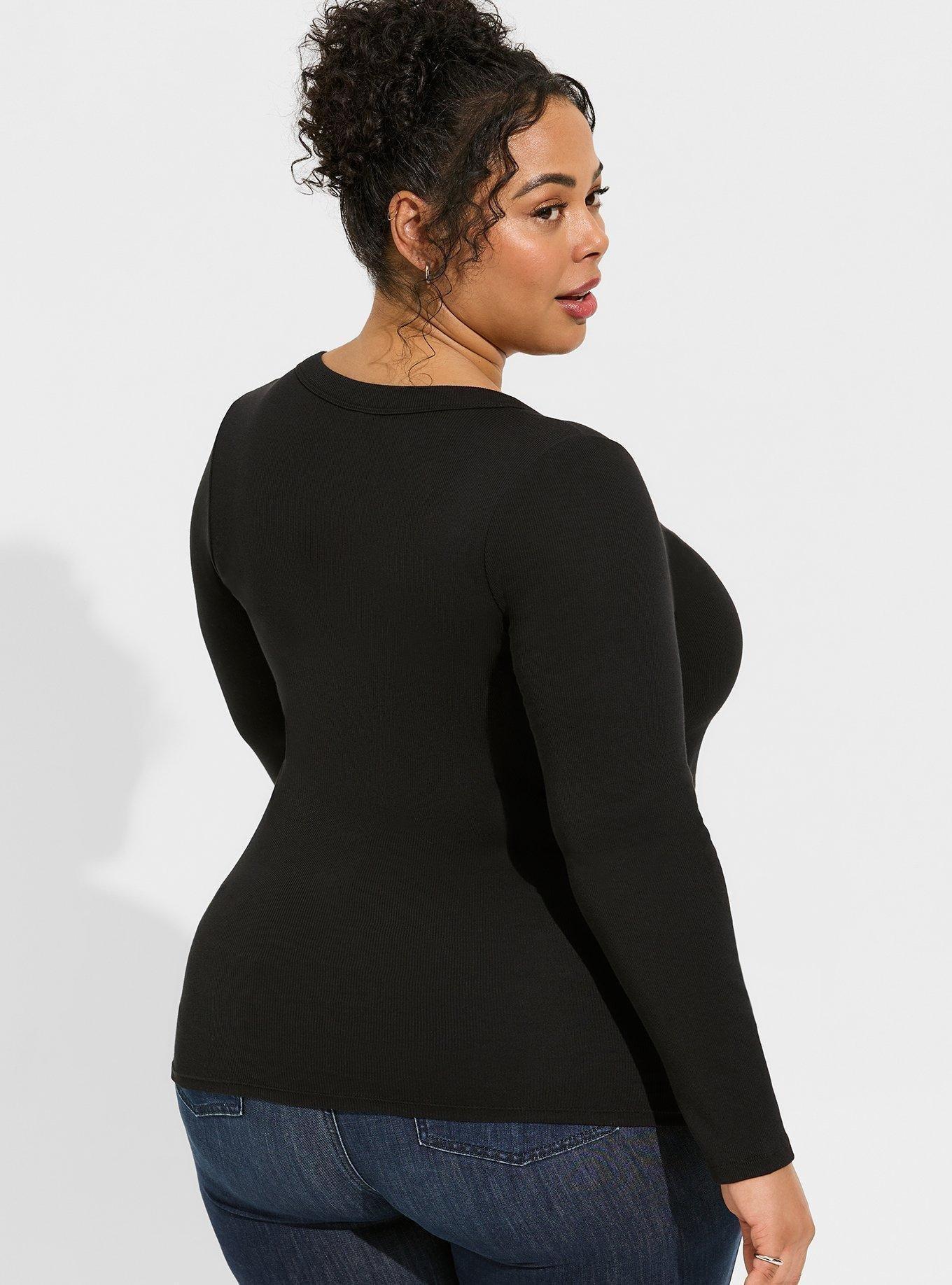 Cotton Modal Rib Curved Henley Long Sleeve Top