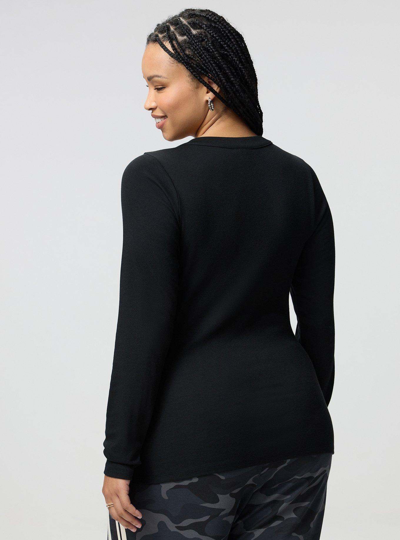 Cotton Modal Rib Curved Henley Long Sleeve Top, DEEP BLACK, alternate