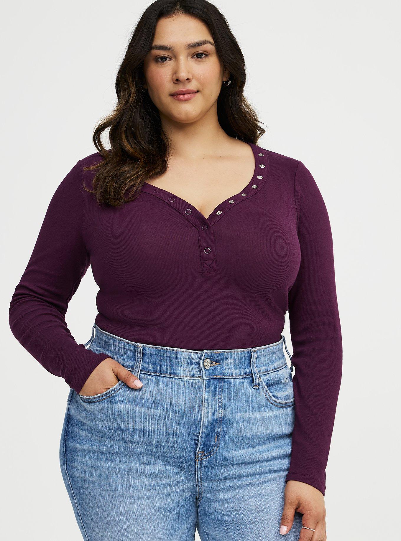 Ribbed Henley Long Sleeve Top, POTENT PURPLE, alternate