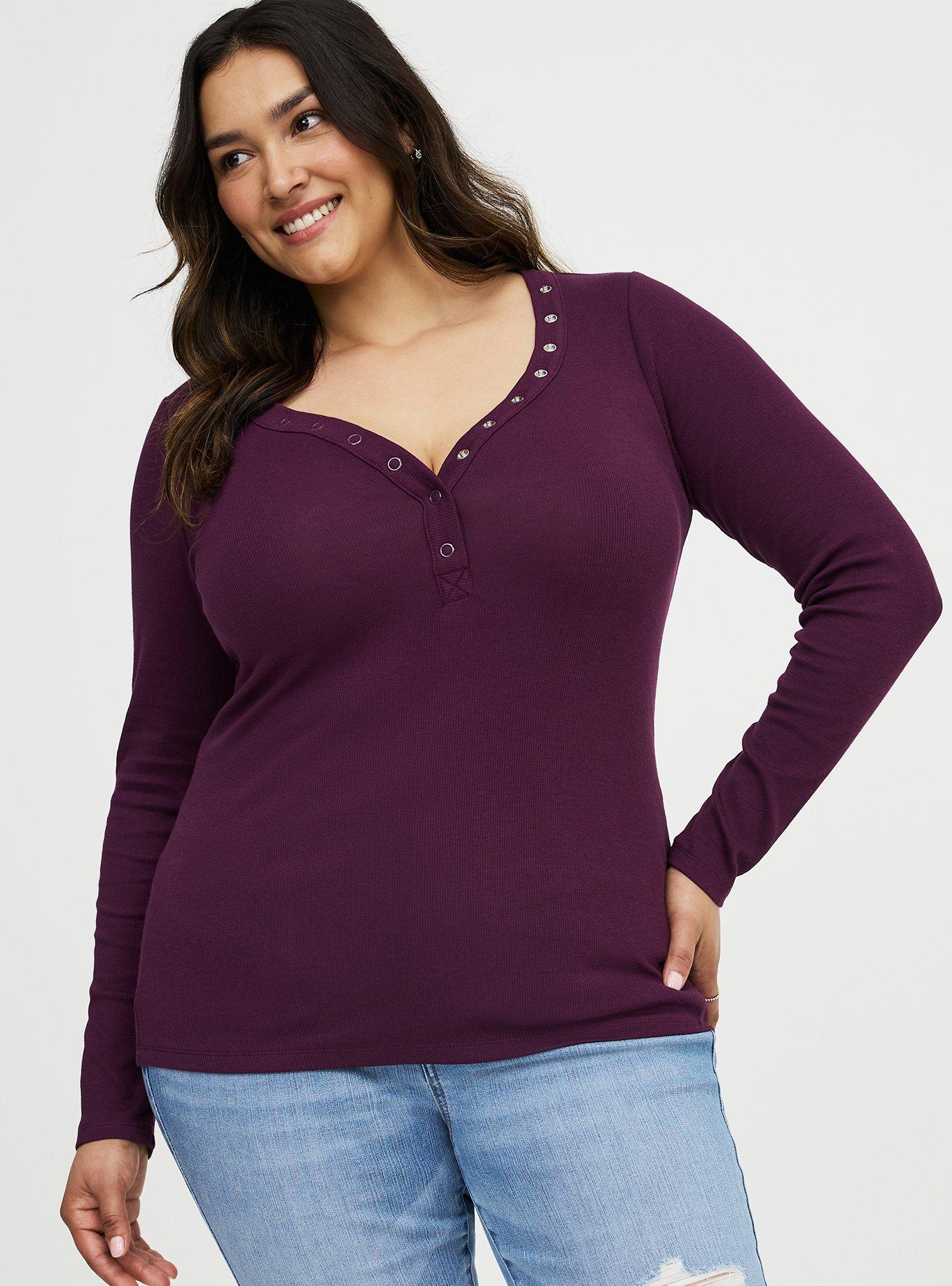 Ribbed Henley Long Sleeve Top, POTENT PURPLE, hi-res