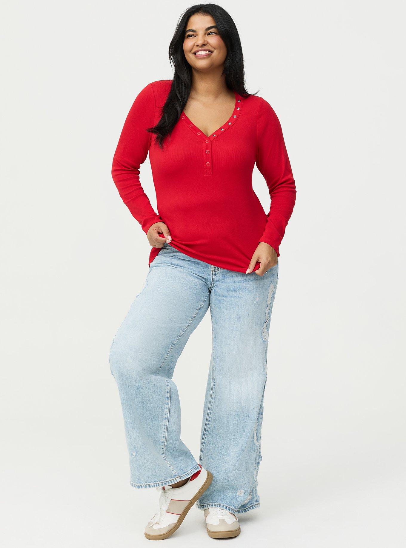 Ribbed Henley Long Sleeve Top, URBAN RED, alternate