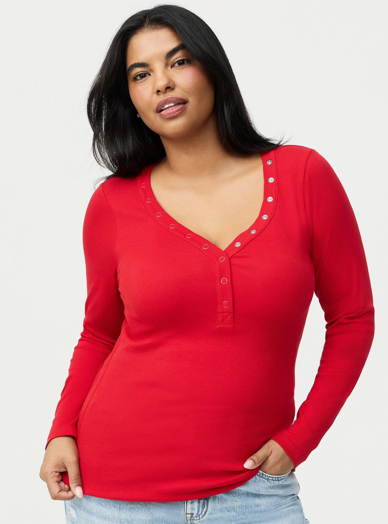 Ribbed Henley Long Sleeve Top, URBAN RED, hi-res