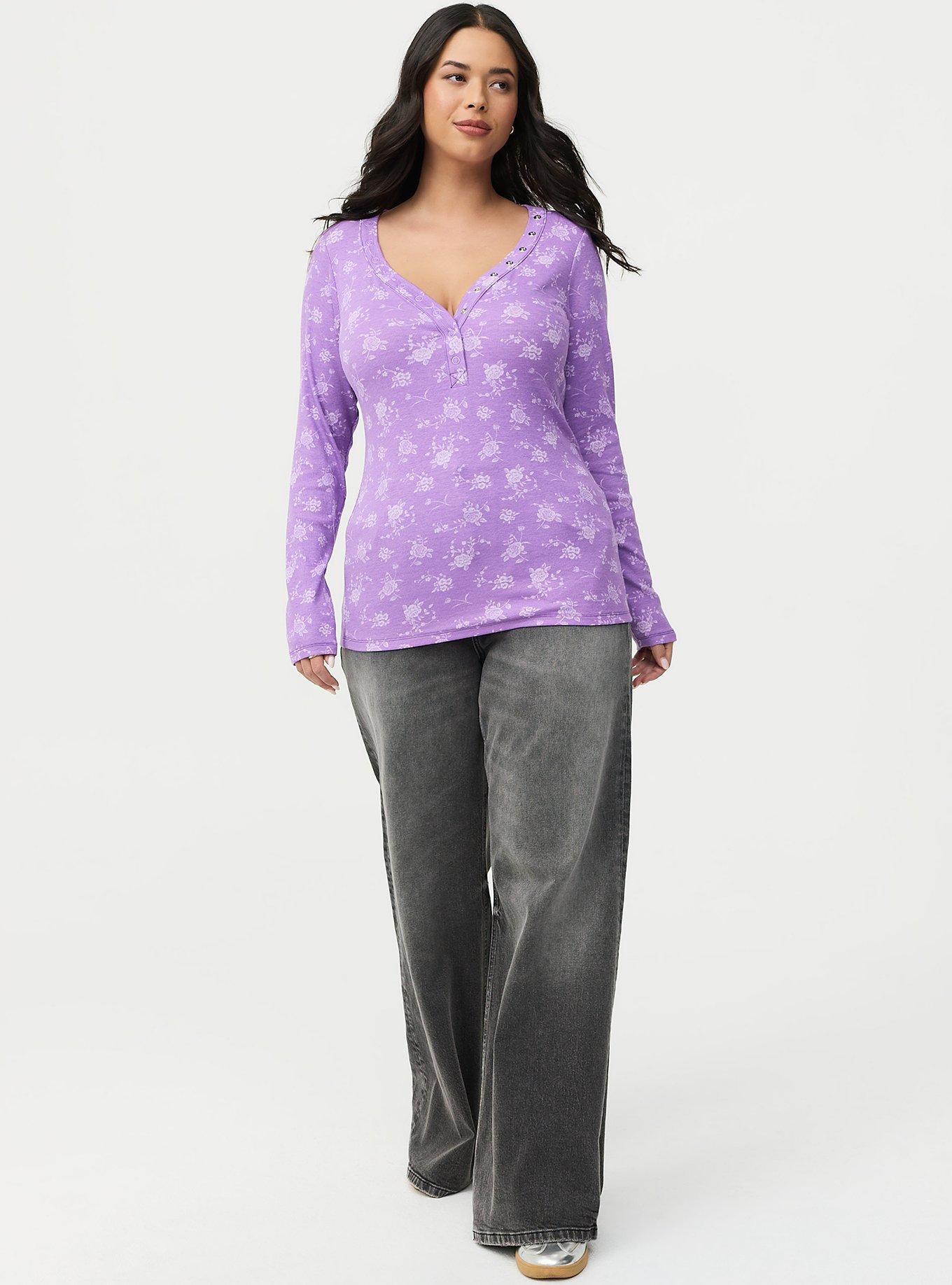 Ribbed Henley Long Sleeve Top, GARDEN FLORAL HYACINTH, alternate