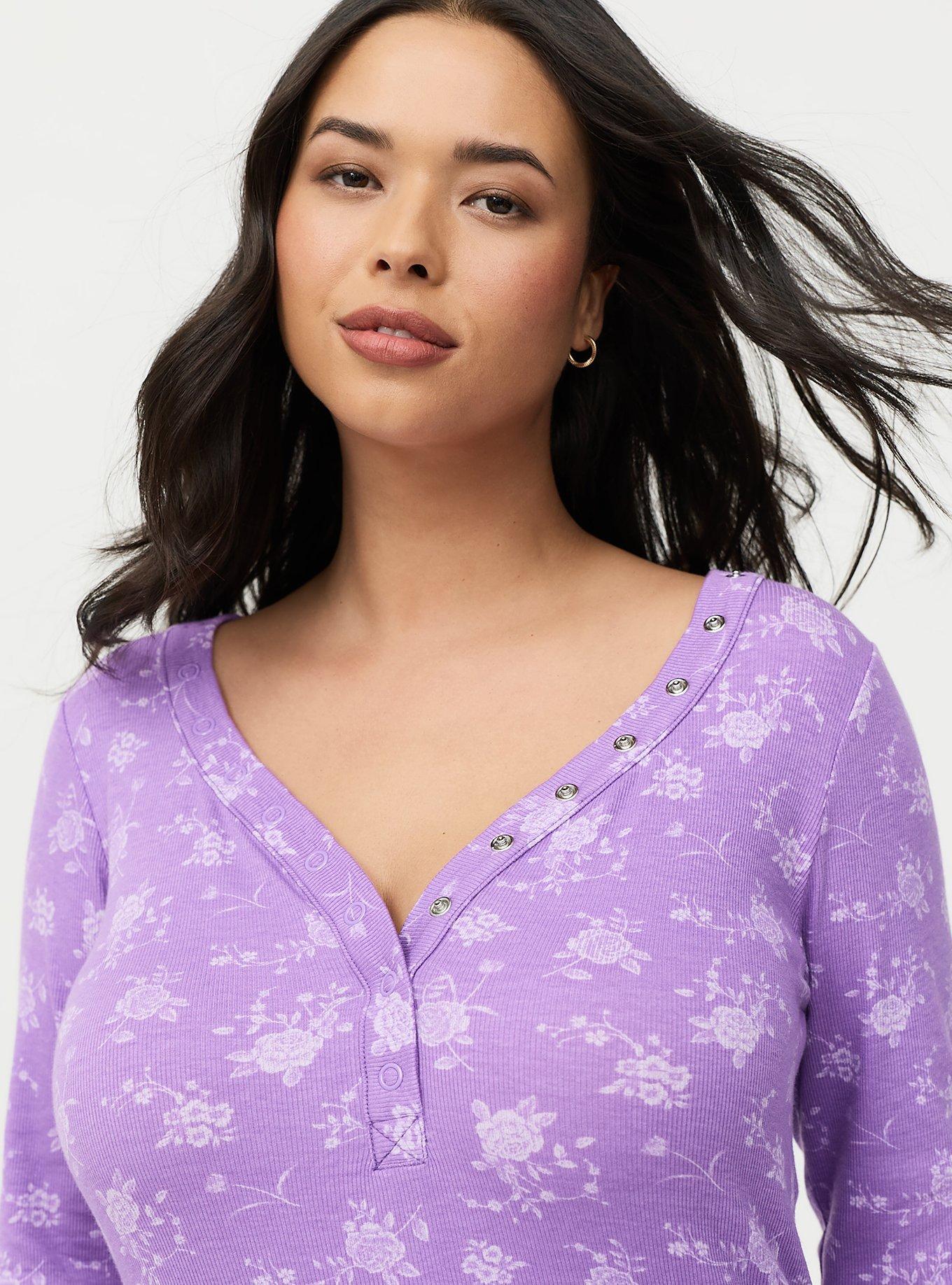 Ribbed Henley Long Sleeve Top, GARDEN FLORAL HYACINTH, alternate