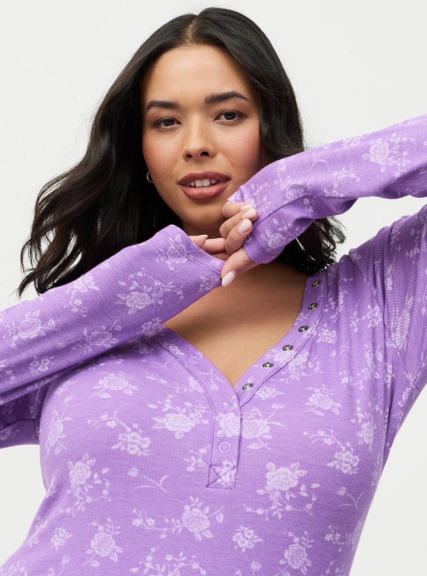 Ribbed Henley Long Sleeve Top, GARDEN FLORAL HYACINTH, alternate