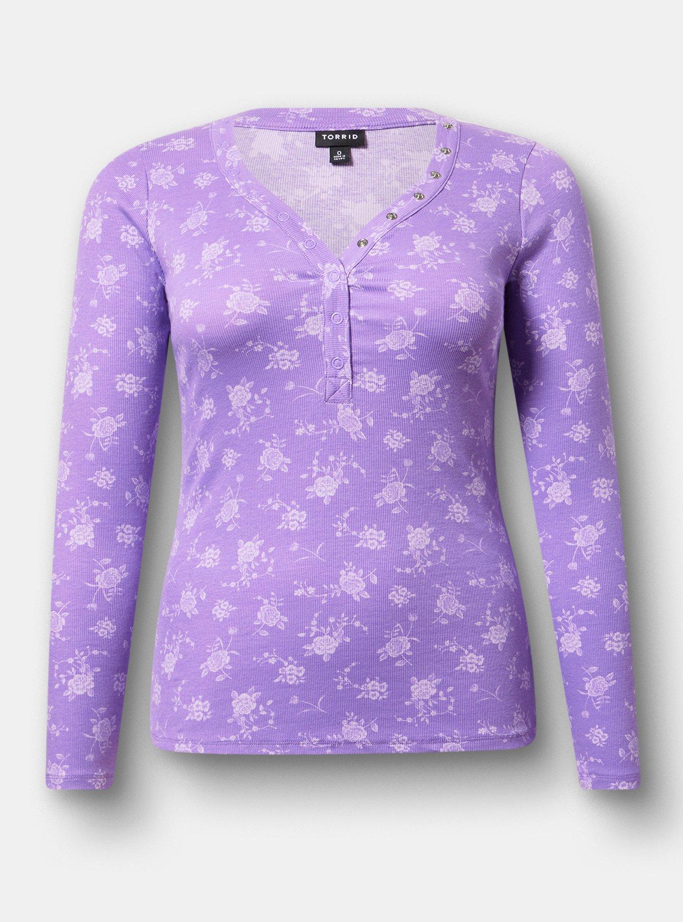 Ribbed Henley Long Sleeve Top, GARDEN FLORAL HYACINTH, hi-res