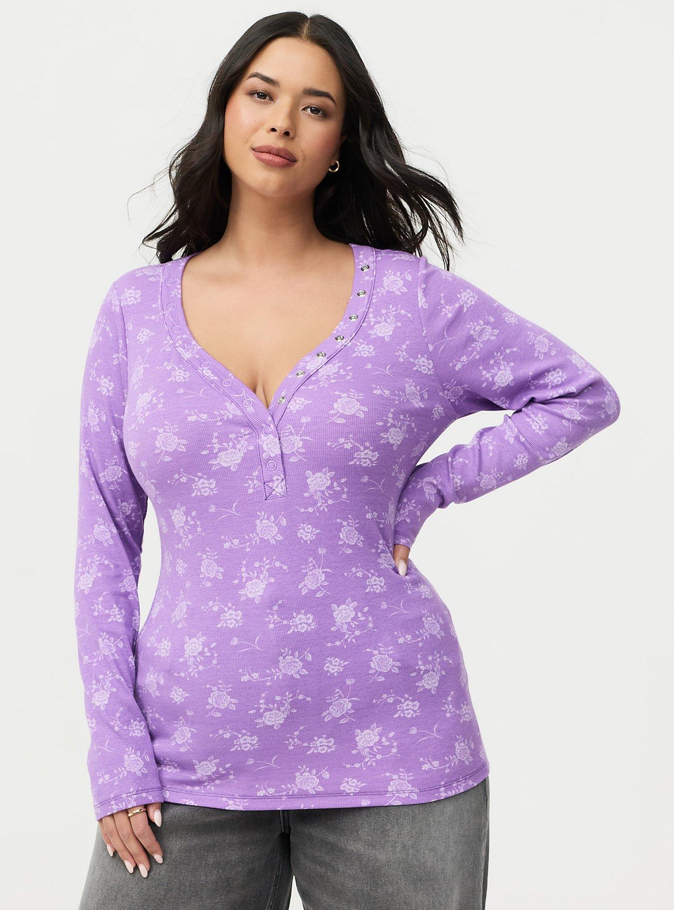 Ribbed Henley Long Sleeve Top, GARDEN FLORAL HYACINTH, hi-res