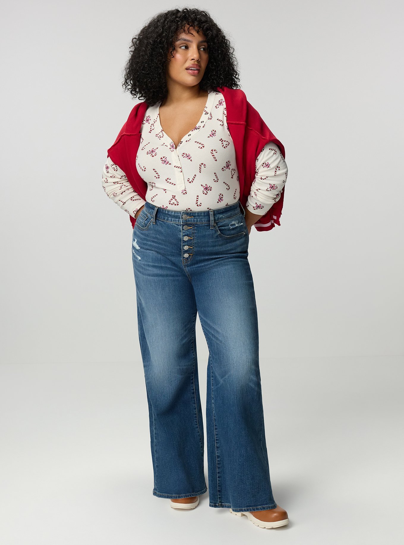 Cotton Modal Rib Curved Henley LS Top, CANDY CANE LANE IVORY, alternate